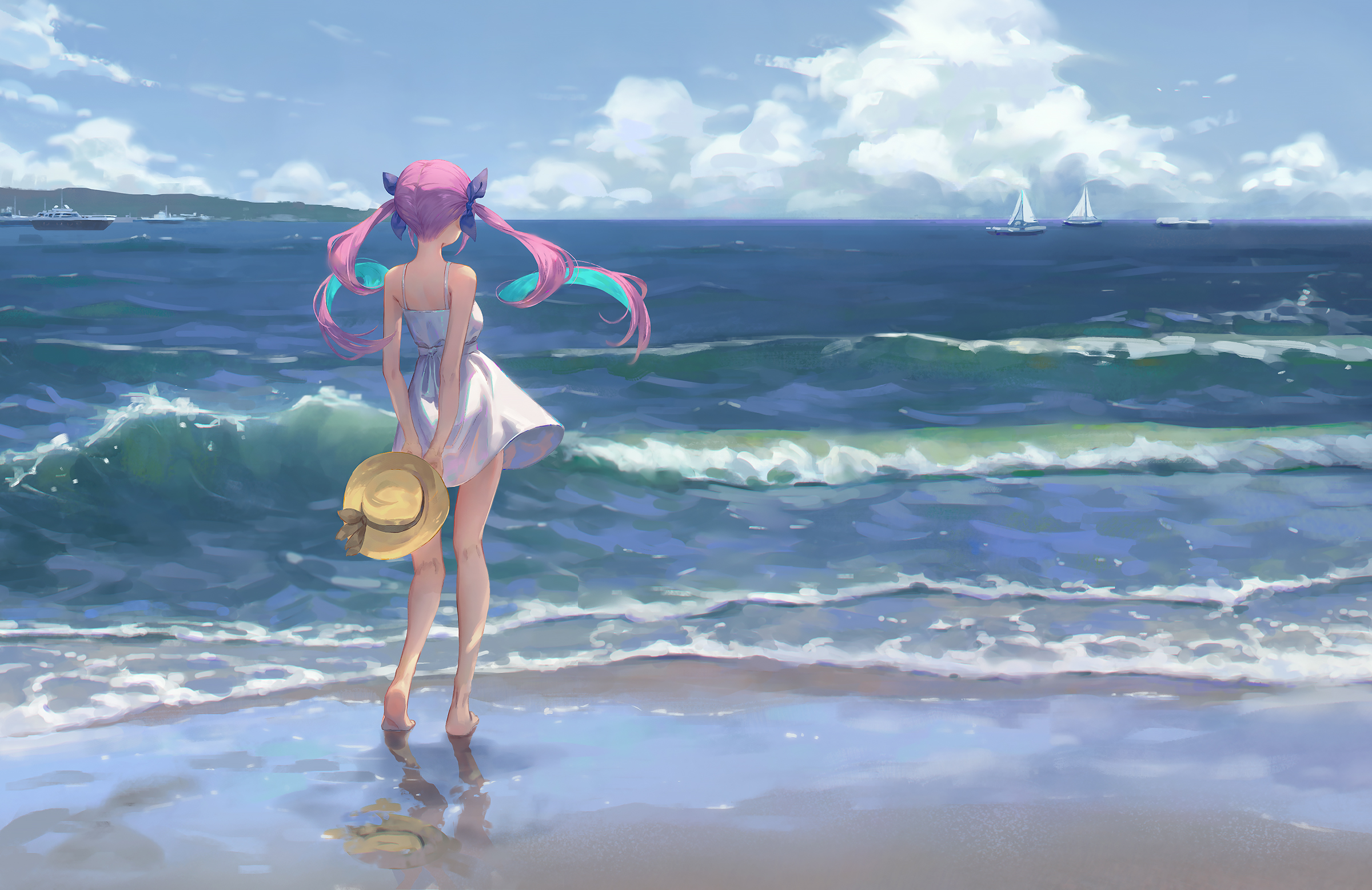 Anime 2400x1557 anime girls dress wind waves beach barefoot sun dress twintails purple hair Gawain Minato Aqua Hololive Virtual Youtuber boat sea hat ribbons