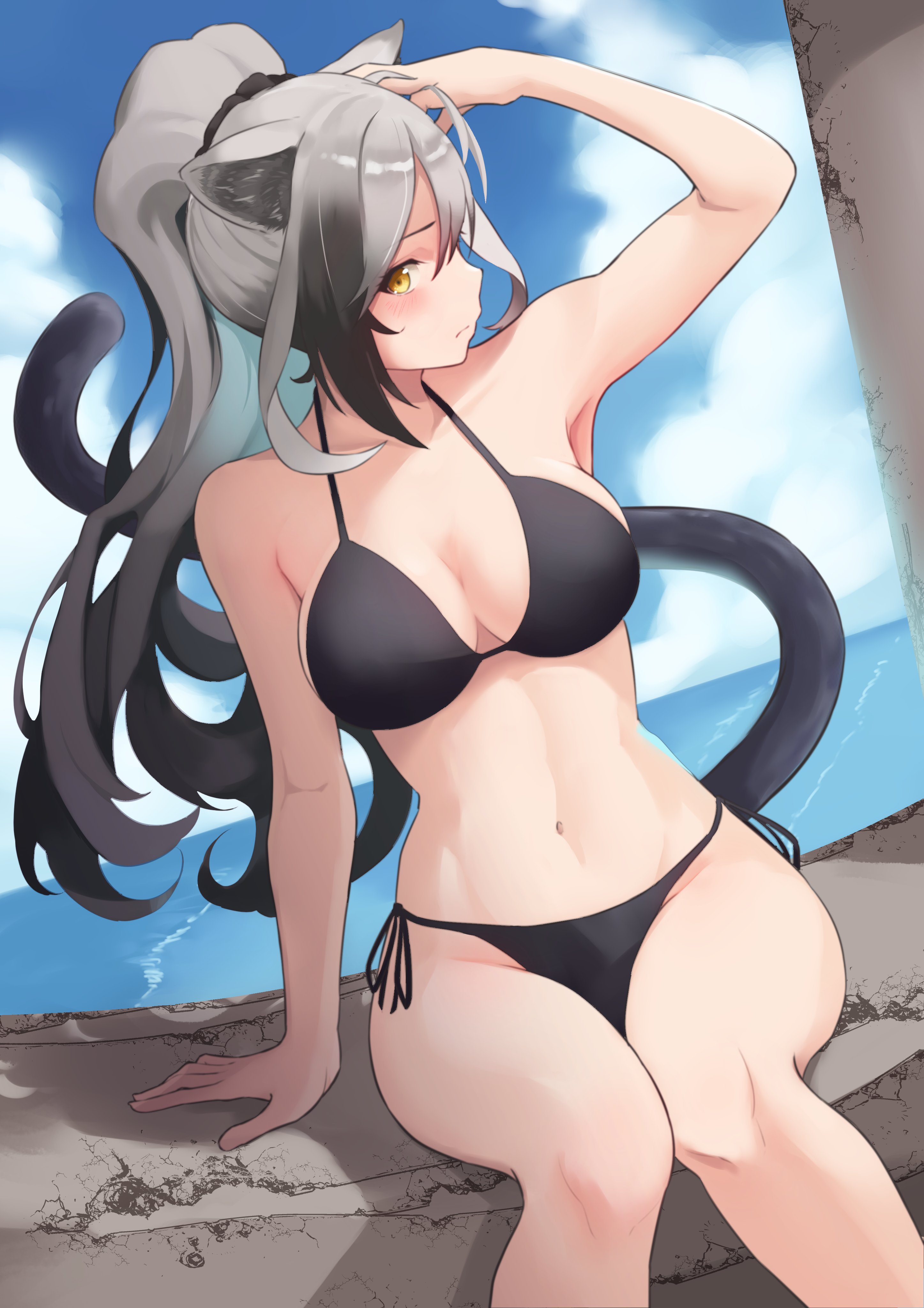Anime 2894x4093 tail black swimsuit long hair dark hair bikini animal ears belly belly button big boobs looking at viewer yellow eyes cleavage cat girl anime girls Arknights Schwarz(Arknights)