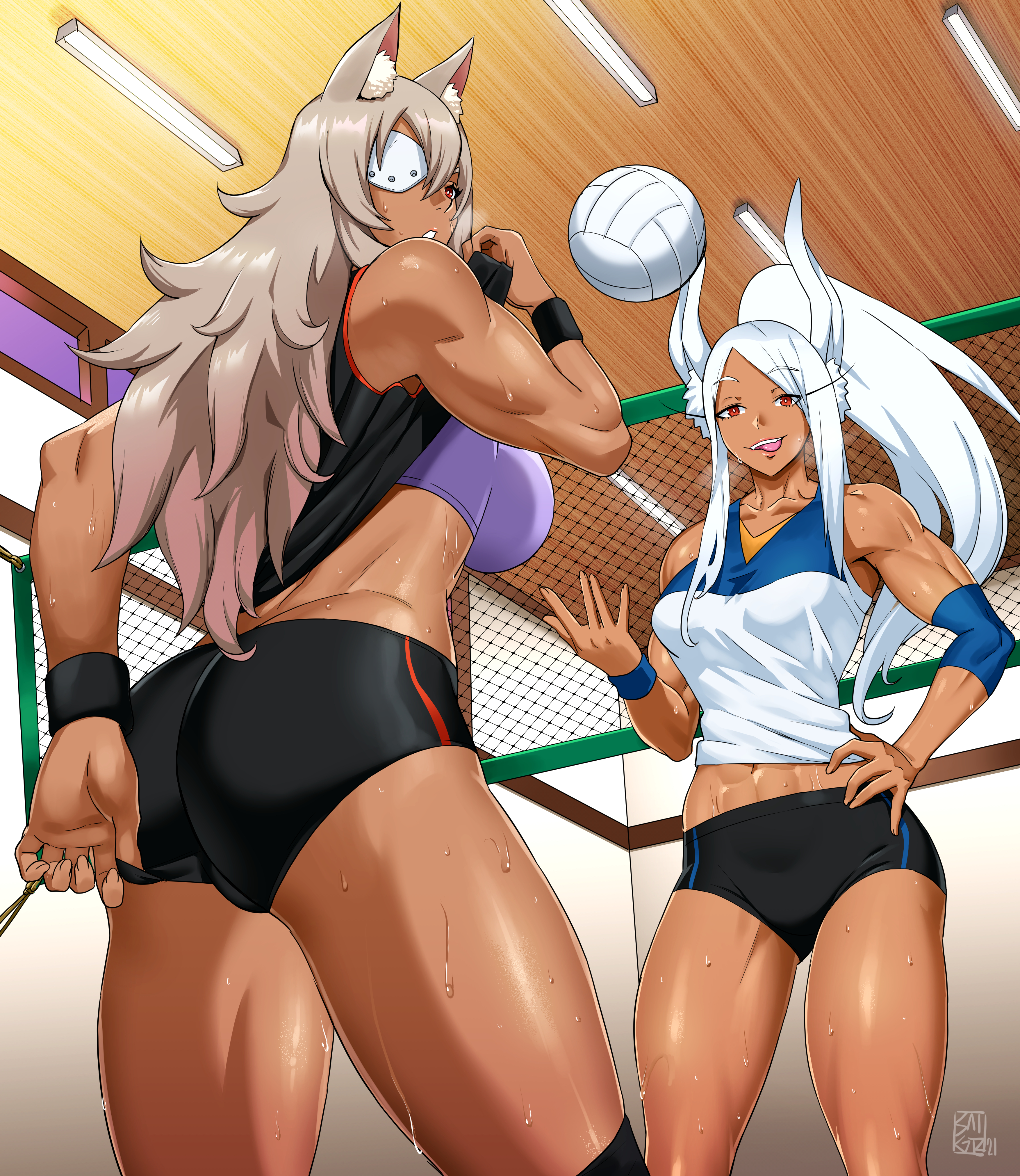 Anime 3508x4043 Boku no Hero Academia Mushoku Tensei big boobs volleyball sweaty body smug face tongue out eyepatches thighs sportswear purple bra sports bra 6-pack biceps abs muscular belly lifted tank top bangs ponytail wolf ears bunny ears Ghislaine Dedoldia Usagiyama Rumi ecchi anime girls crossover long hair bare shoulders white hair brunette messy hair muscles rear view low-angle looking at viewer 2D anime portrait display sweat belly button women indoors fan art artwork ass