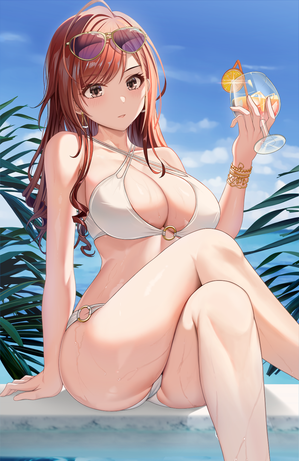 Anime 1000x1540 anime anime girls artwork bikini cleavage big boobs THE iDOLM@STER: Shiny Colors THE iDOLM@STER arisugawa natsuha swimwear white bikini legs crossed sunglasses Asato Mai