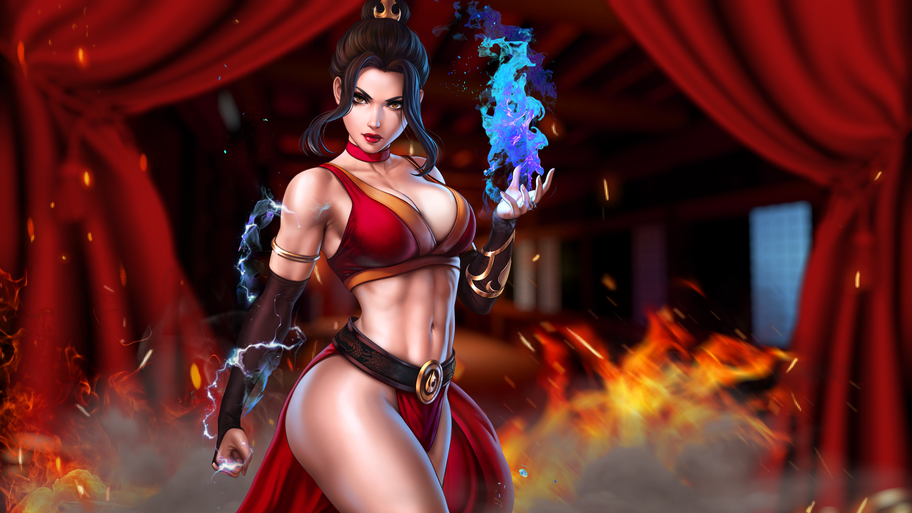 General 3840x2160 artwork Dandonfuga Avatar: The Last Airbender Princess Azula cartoon digital art collarbone looking at viewer belly blurred blurry background blue flames fire abs choker lipstick curtains red lipstick closed mouth thighs dark hair yellow eyes big boobs hair ornament belly button