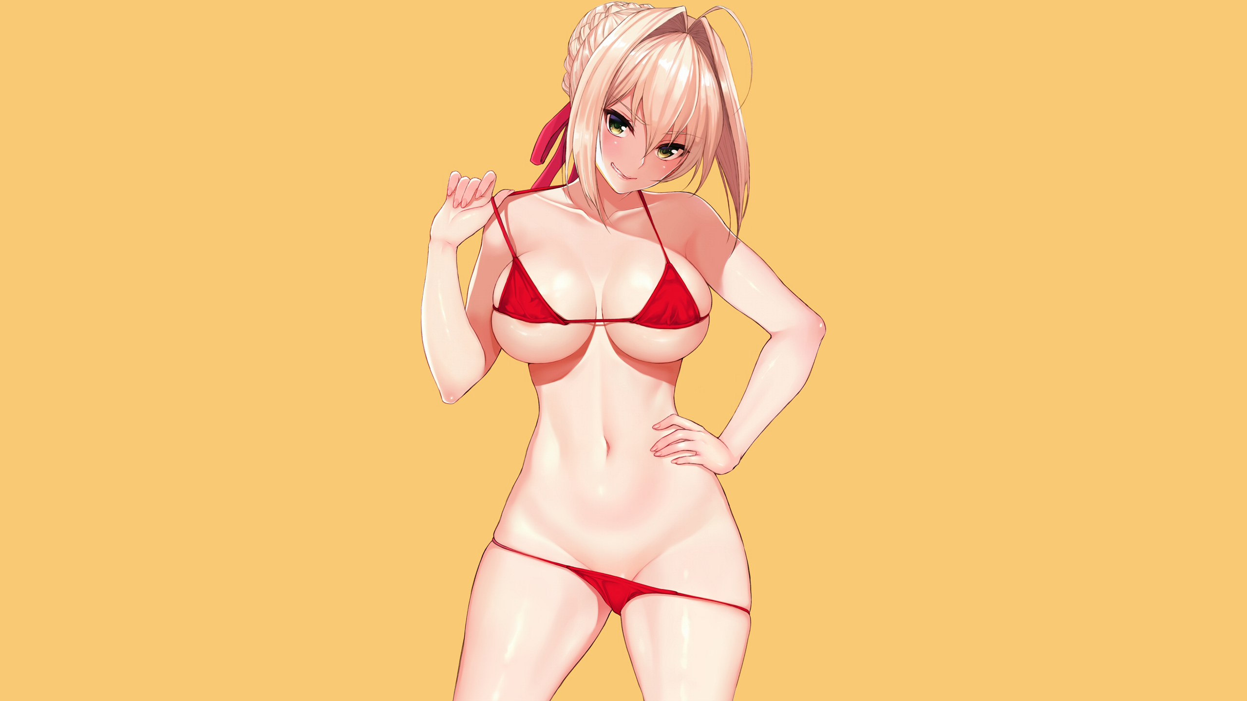 Anime 2560x1440 anime anime girls ecchi big boobs boobs swimwear bikini bikini lift thighs blonde green eyes smiling Nero Claudius yellow background bright