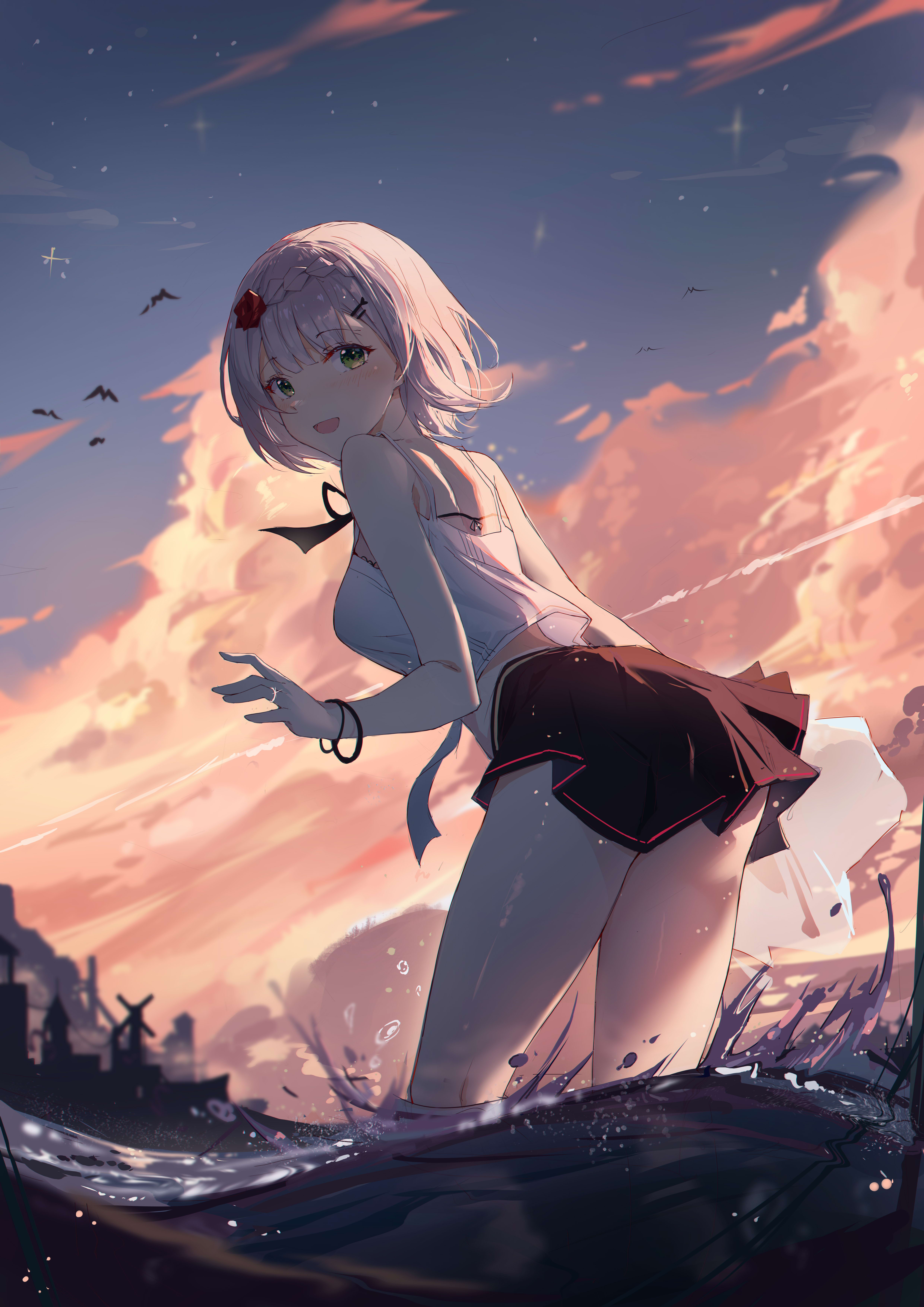 Anime 4960x7016 Noelle (Genshin Impact) ass thighs Genshin Impact anime girls Ya ju portrait display skirt looking over shoulder sky looking at viewer water looking back sunlight sunset sunset glow outdoors women outdoors open mouth short hair flower in hair braids smiling clouds rings bracelets bare shoulders green eyes white hair