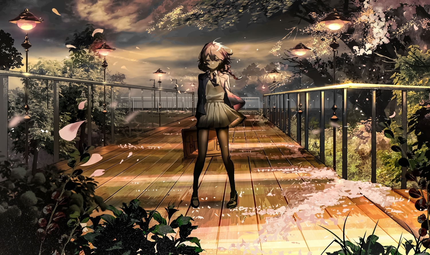 Anime 1500x889 anime girls original characters anime standing looking at viewer women outdoors lantern plants leaves