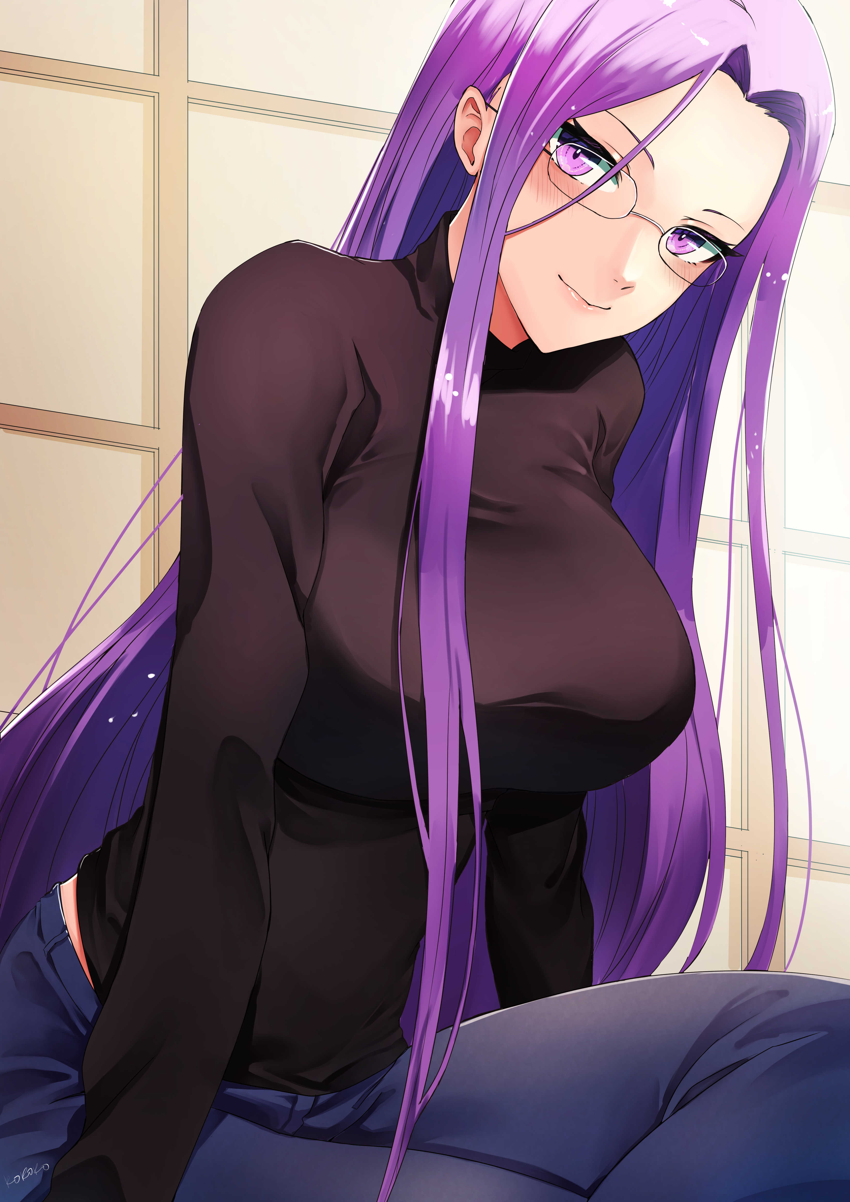 Anime 3508x4961 fate/stay night: heaven's feel Fate/Stay Night Fate series purple hair jeans black sweater thighs big boobs blushing looking at viewer meganekko long hair Rider (Fate/Stay Night) sitting arm support purple eyes anime 2D fan art women with glasses portrait display long sleeves smiling artwork Fate/Hollow Ataraxia Memero women indoors anime girls curvy