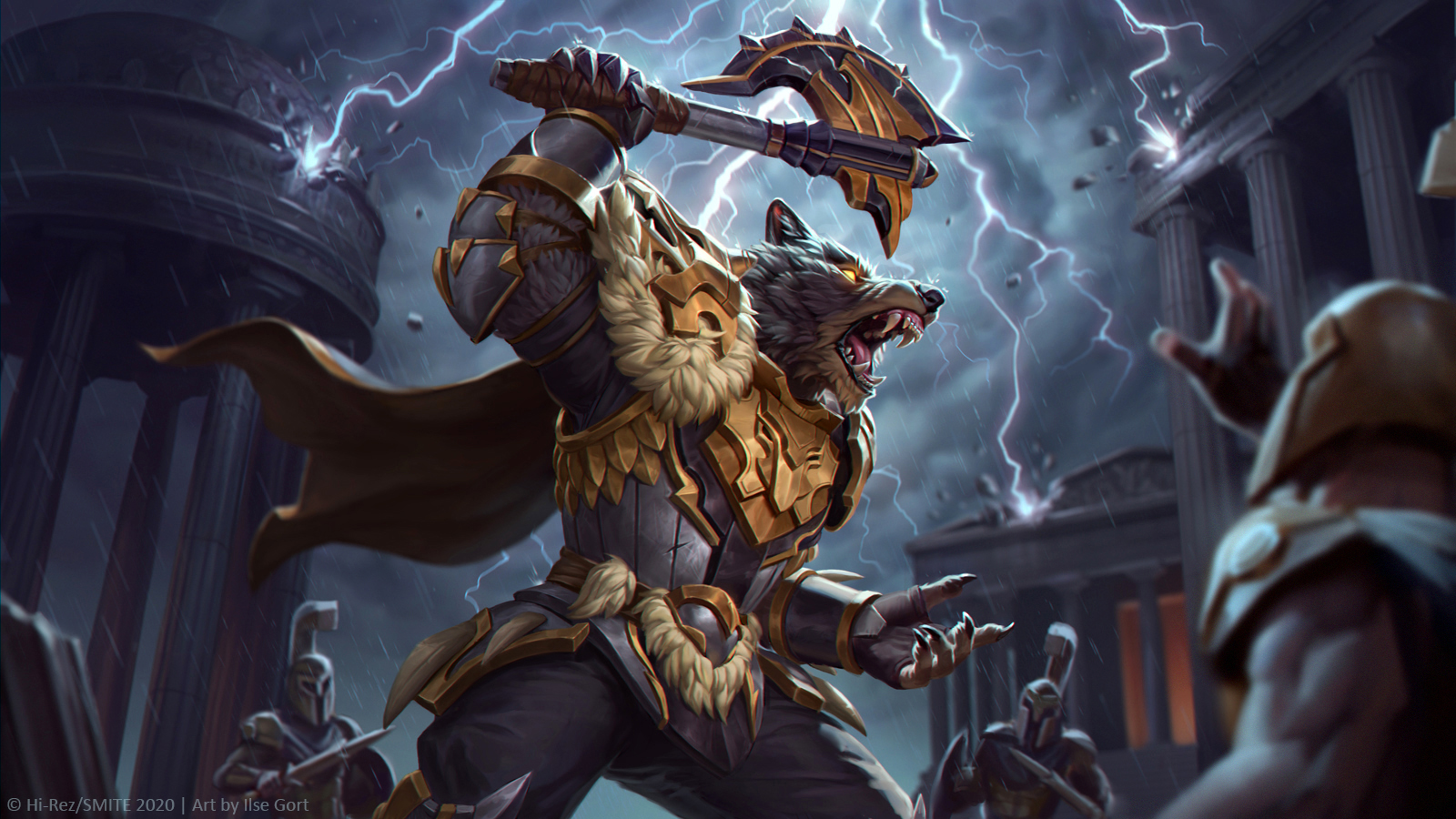 General 1600x900 Smite Thor (Smite) watermarked Anthro weapon wolf lightning gauntlets gloves pointy teeth storm armor Ilse Gort cape video games video game characters