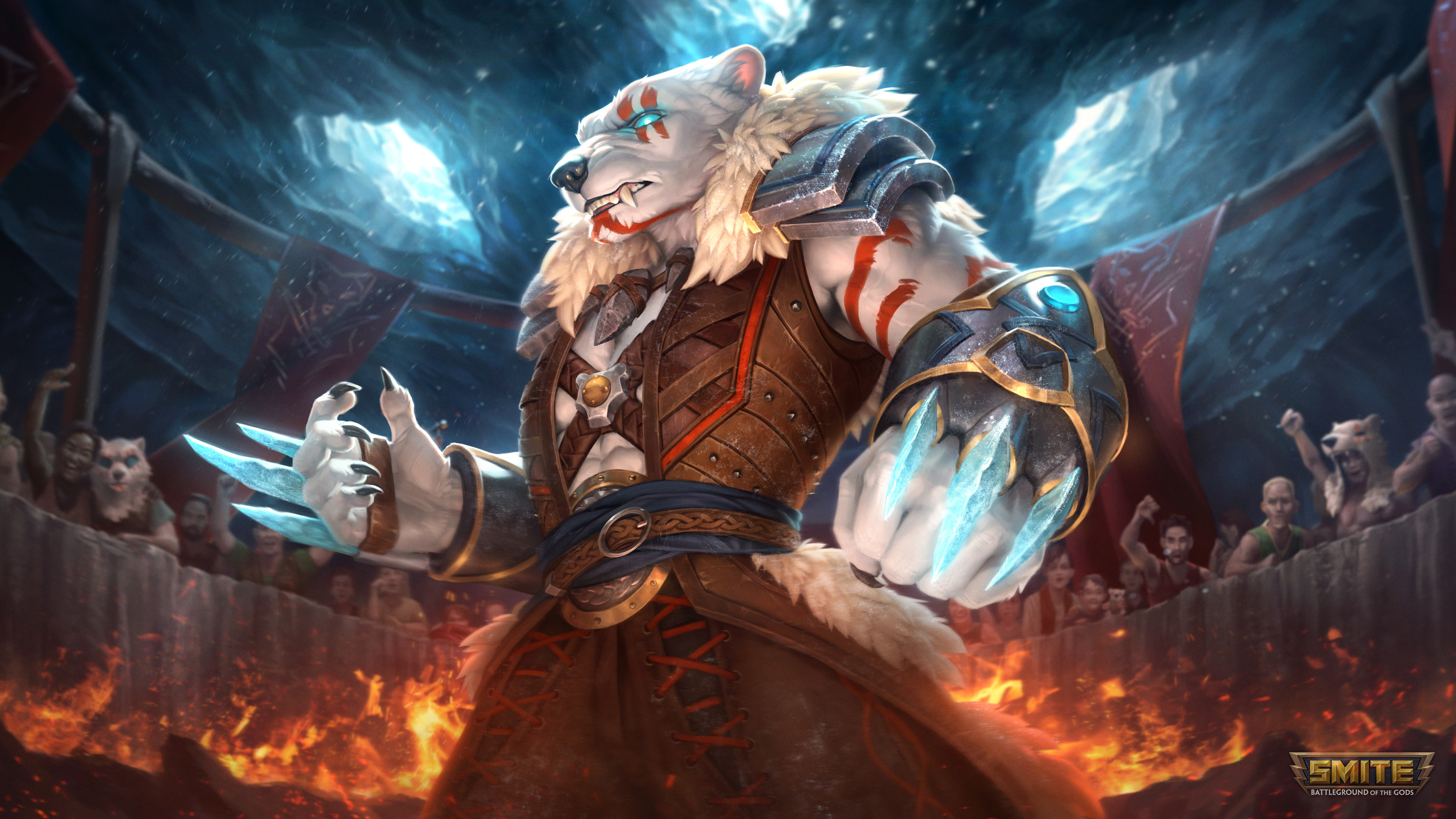 General 3840x2160 Smite watermarked claws Colliseum Ravana (Smite) polar bears Anthro fire video games video game characters