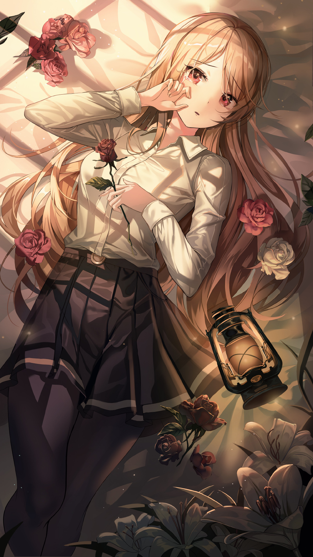 Anime 1024x1820 anime anime girls rose flowers school uniform in bed blonde long hair red eyes tears artwork