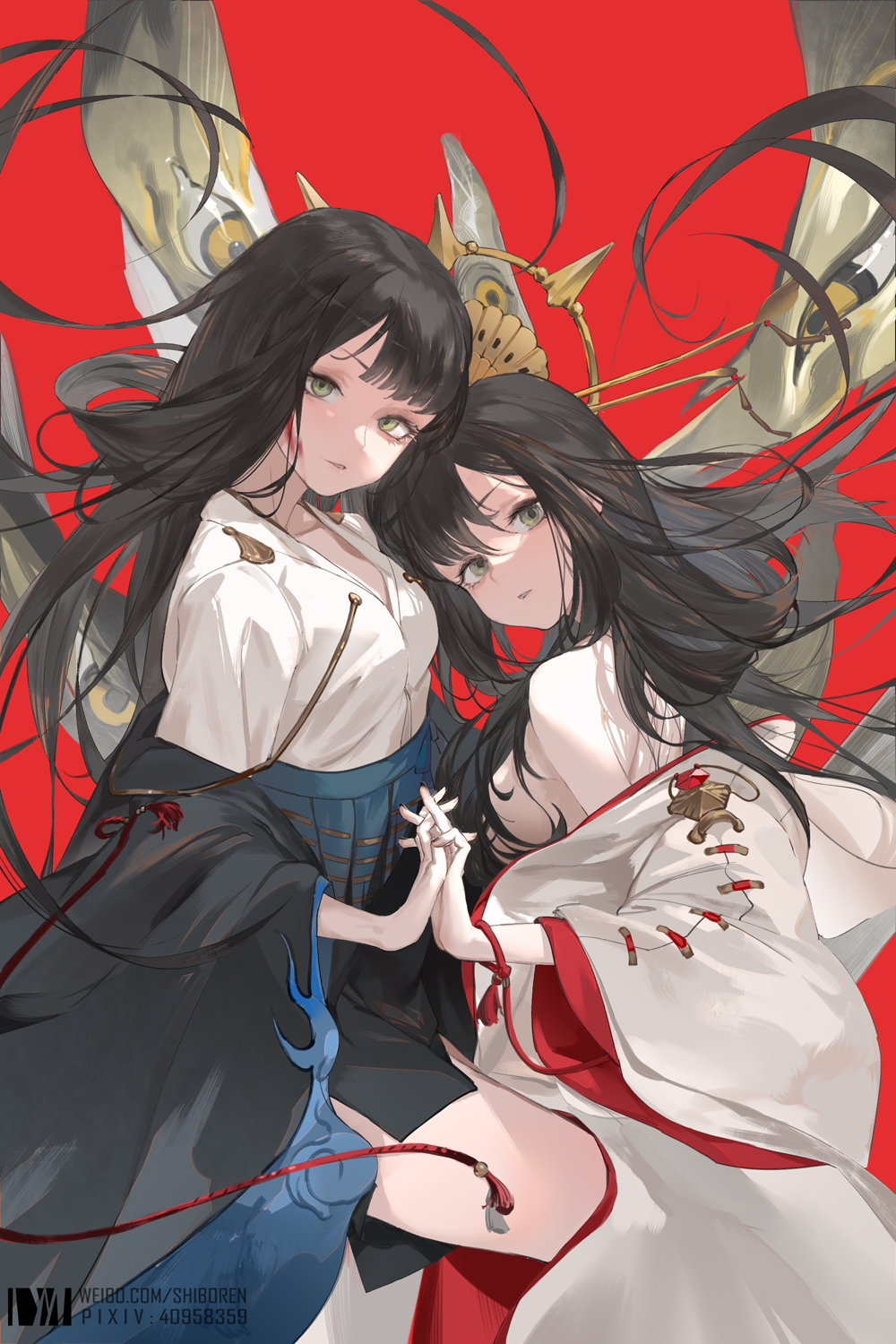 Anime 1000x1500 anime anime girls red background holding hands two women long hair black hair artwork DM (artist)