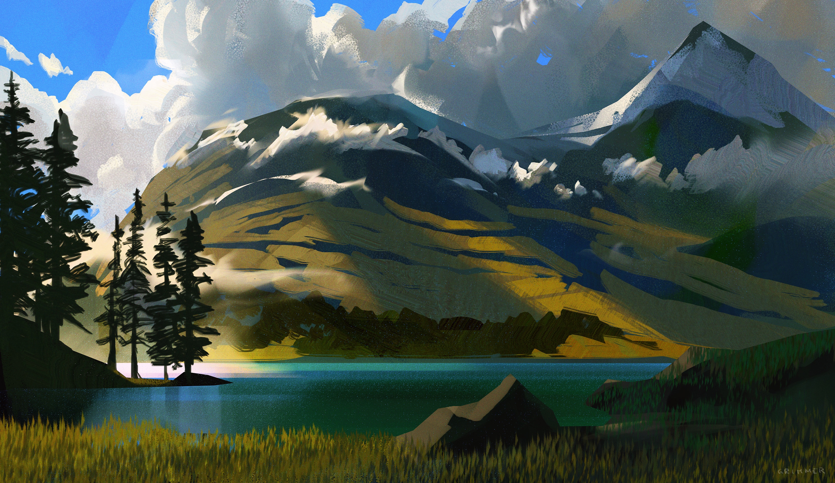 General 3277x1896 digital painting landscape lake mountains Jordan Grimmer