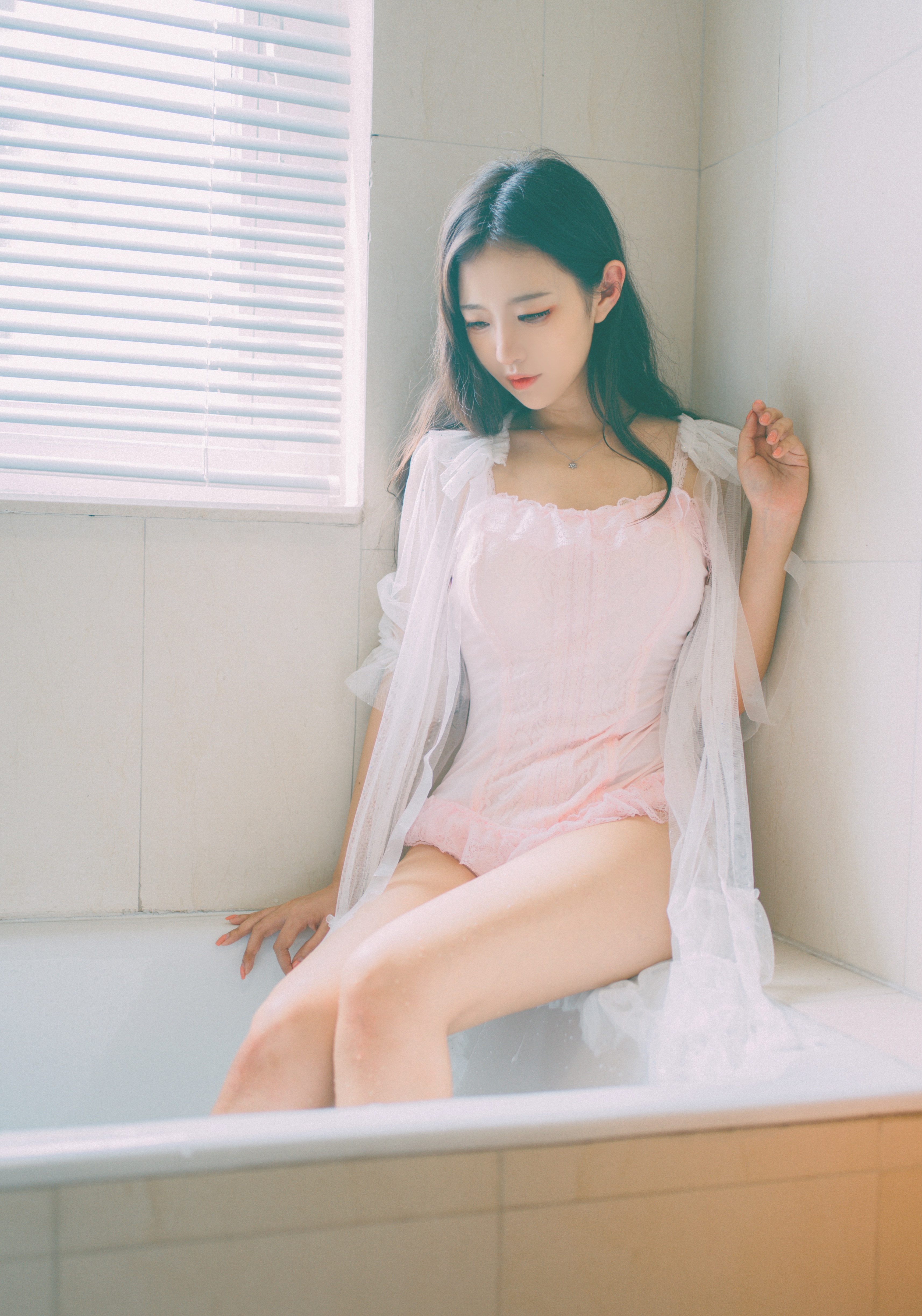 People 3428x4891 Asian bathtub long hair pink corset women
