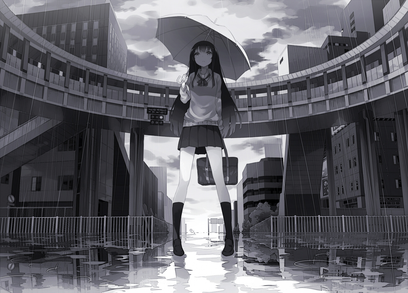 Anime 1311x942 anime anime girls umbrella rain artwork digital art 2D Mogumo school uniform