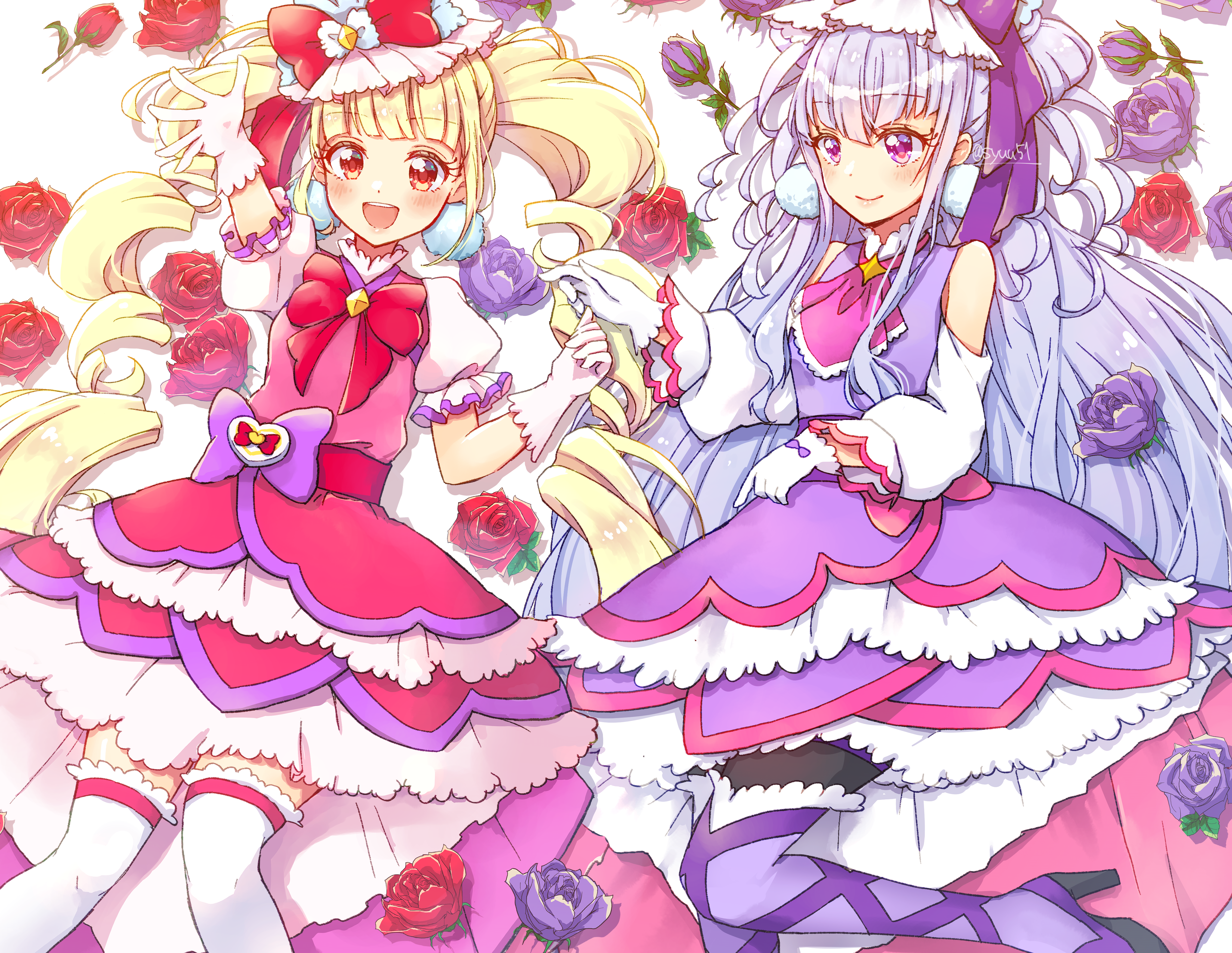 Anime 4528x3505 Pretty Cure magical girls HUGtto! Precure anime girls blonde red eyes purple eyes purple hair smiling rose