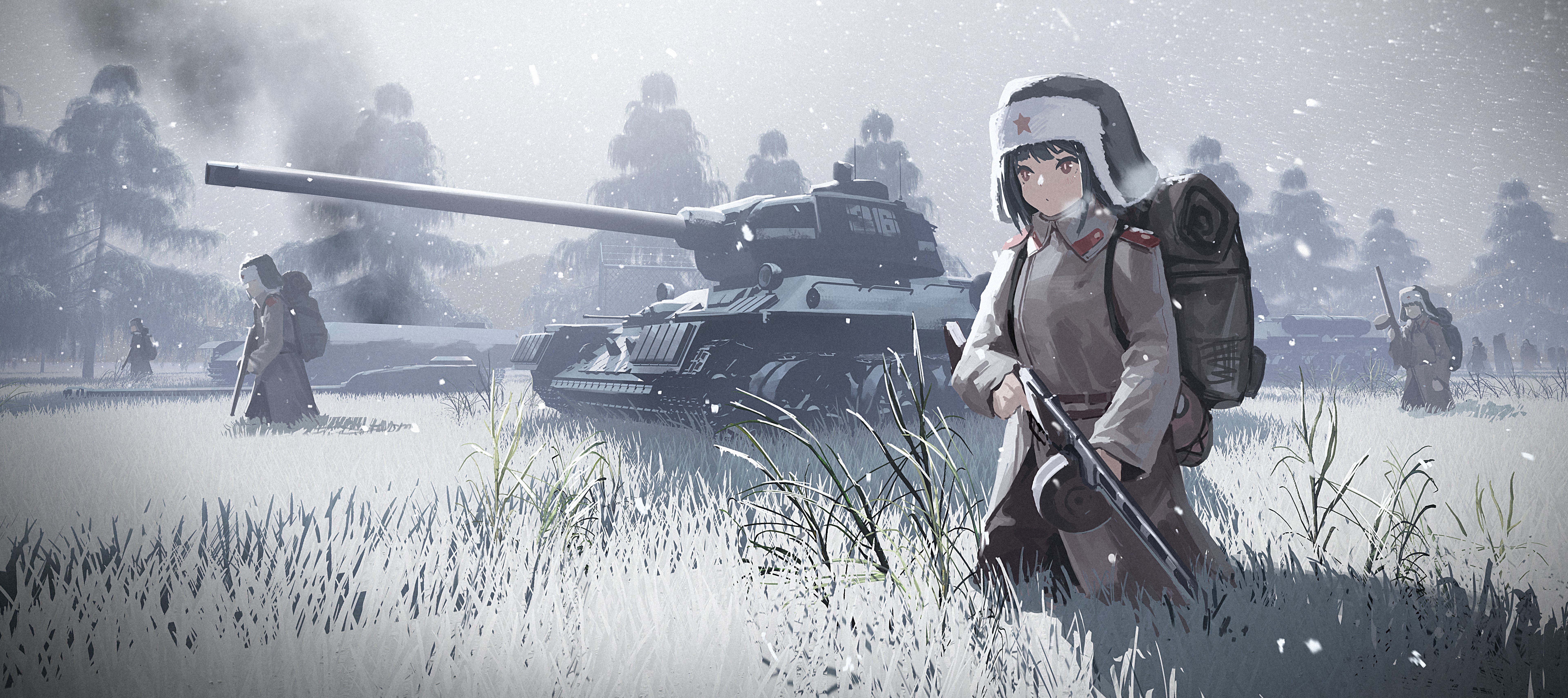 Anime 7680x3417 anime anime girls original characters artwork Doitsu no Kagaku snow tank T-34 PPSh-41 submachine gun uniform Soviet Army ushanka backpacks World War II