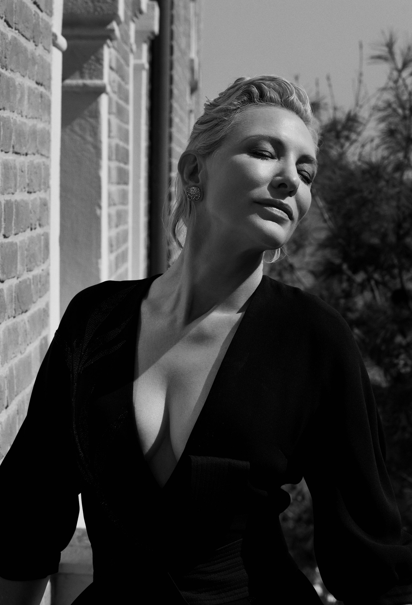 People 1440x2117 Cate Blanchett women closed eyes short hair outdoors bricks monochrome actress boobs cleavage women outdoors face