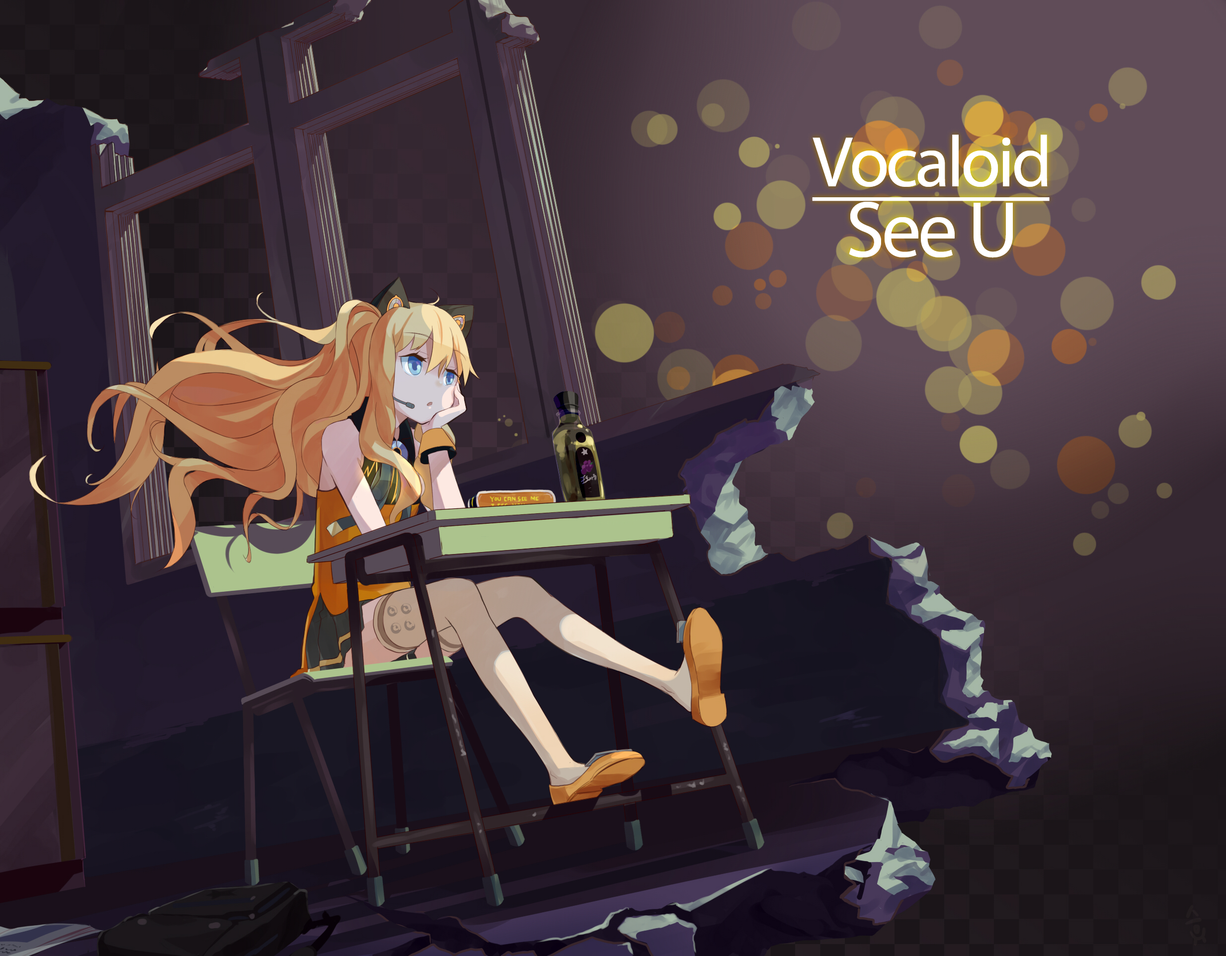 Anime 2467x1924 SeeU Vocaloid anime anime girls blonde long hair sitting blue eyes bottles animal ears
