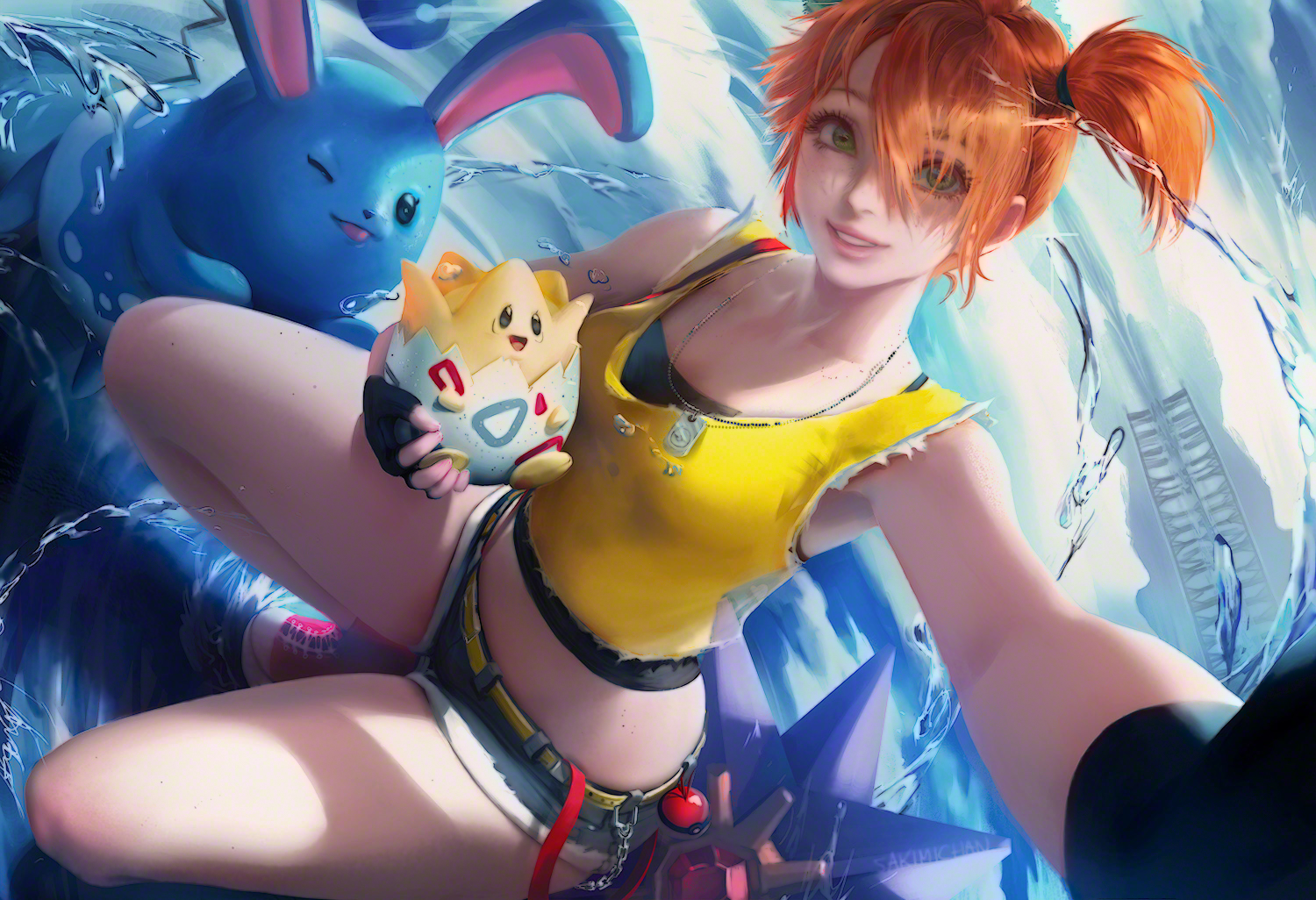 Anime 1500x1026 Pokémon Misty (Pokémon) Sakimichan thighs short shorts jean shorts smiling looking at viewer fingerless gloves anime anime girls gloves selfies water shorts squatting collarbone necklace bent legs