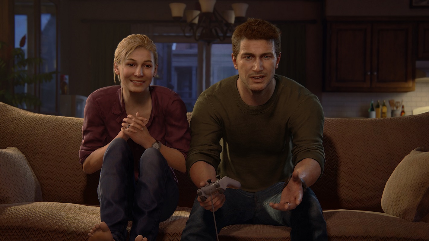 General 1422x800 Uncharted 4: A Thief's End Naughty Dog video games PlayStation Nathan Drake Elena fisher couple hand gesture feet on sofa DualShock video game characters