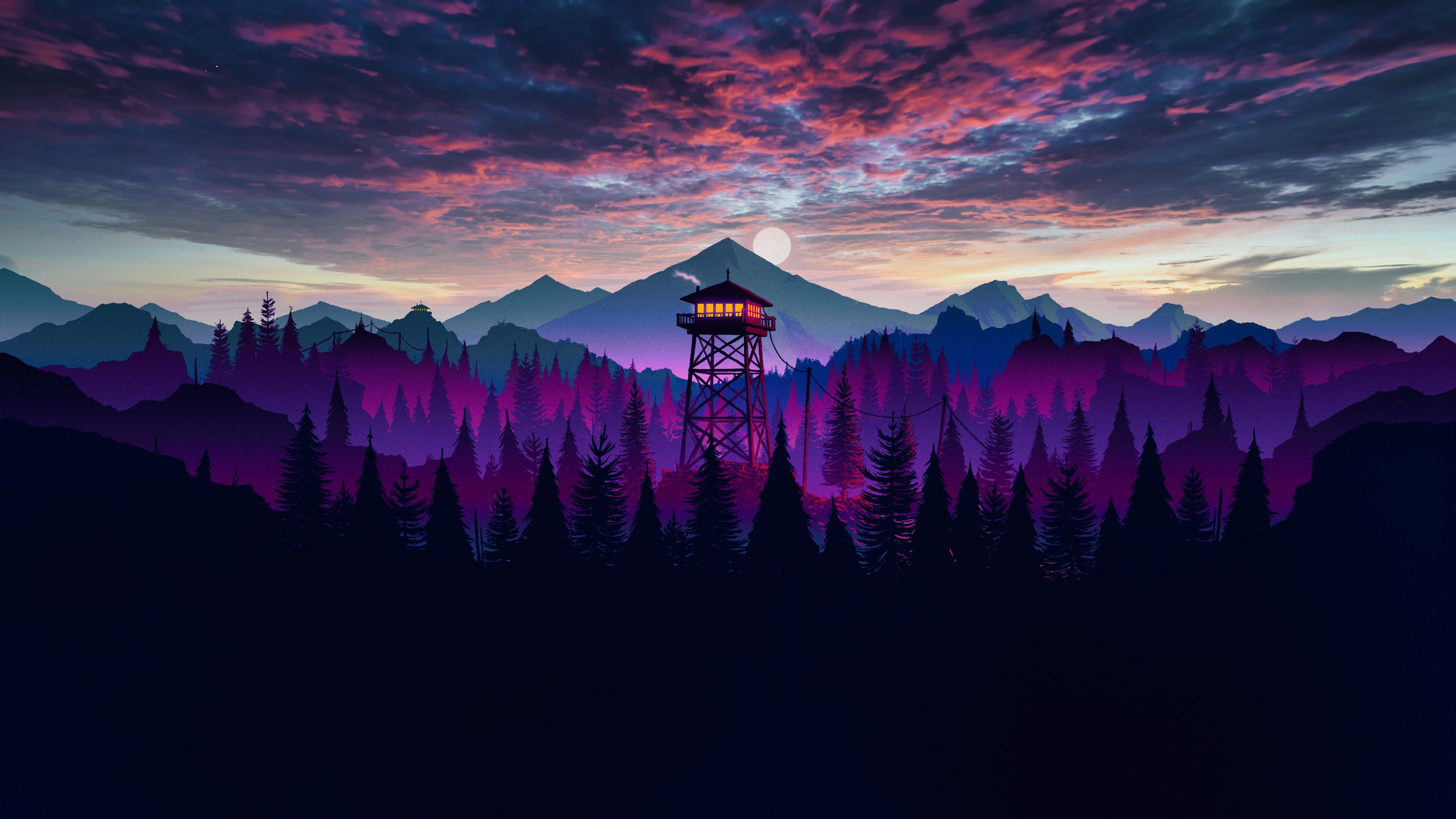 General 3840x2160 Firewatch landscape digital art sunset sunrise tower purple sky