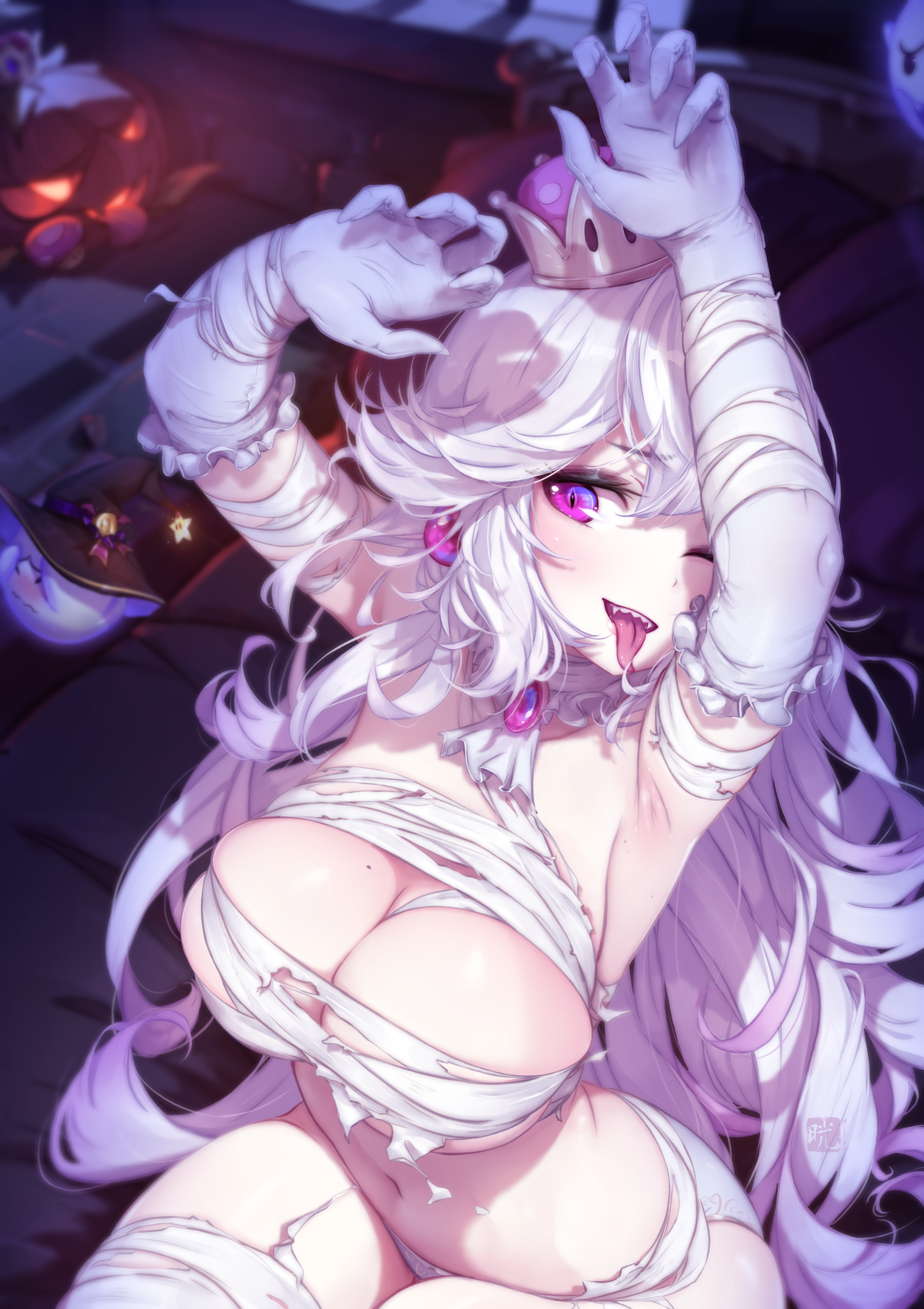 Anime 2893x4096 Boosette Mario Bros. video games video game girls anime anime girls Halloween mummy bandages looking at viewer tongue out curvy big boobs thick thigh 2D artwork drawing fan art Mitsu elbow gloves