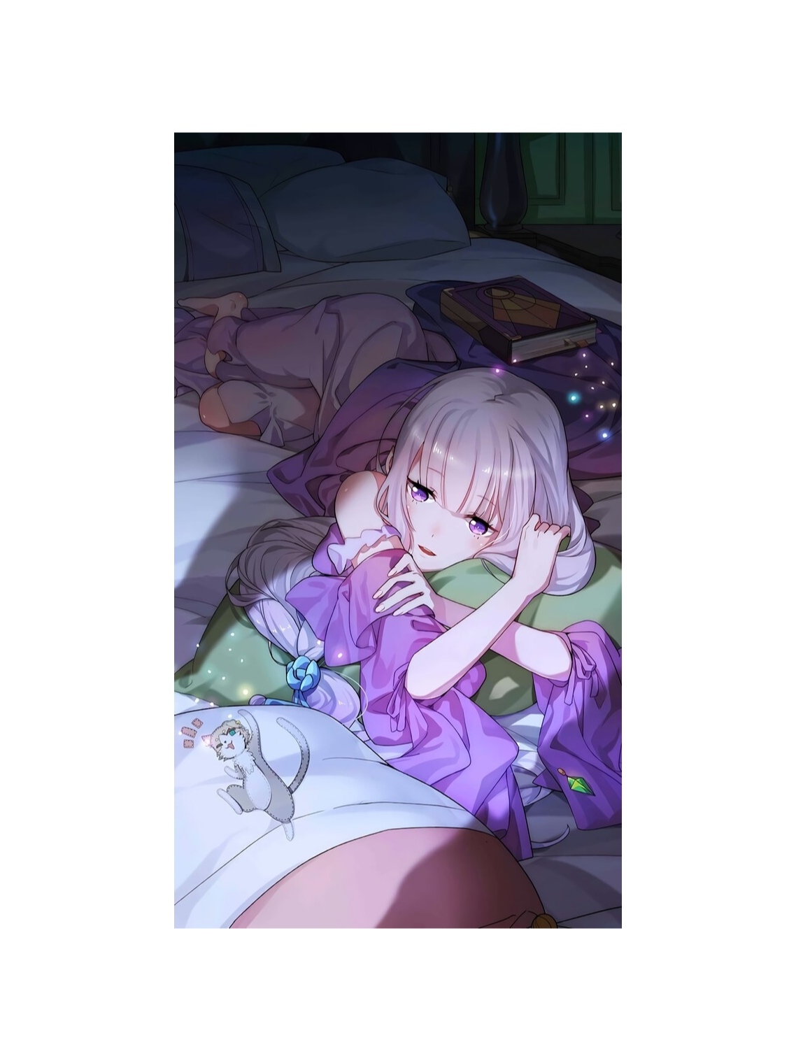 Anime 1138x1517 anime girls artwork Re:Zero Kara Hajimeru Isekai Seikatsu Emilia (Re: Zero) in bed silver hair purple eyes cats