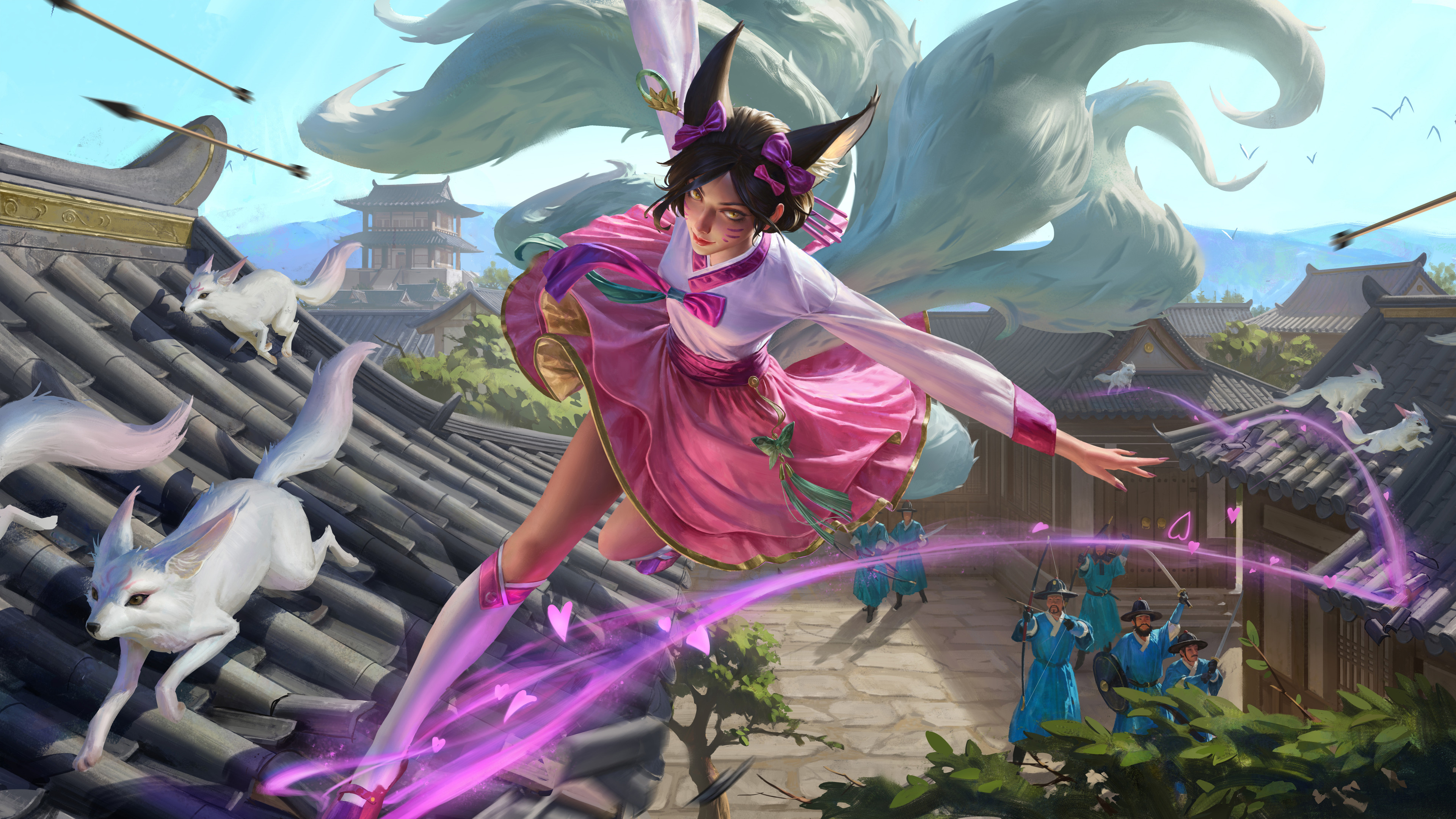General 3840x2160 Yuhong Ding drawing League of Legends Ahri (League of Legends) dark hair dress pink clothing running fighting nine tails fox girl fox looking at viewer