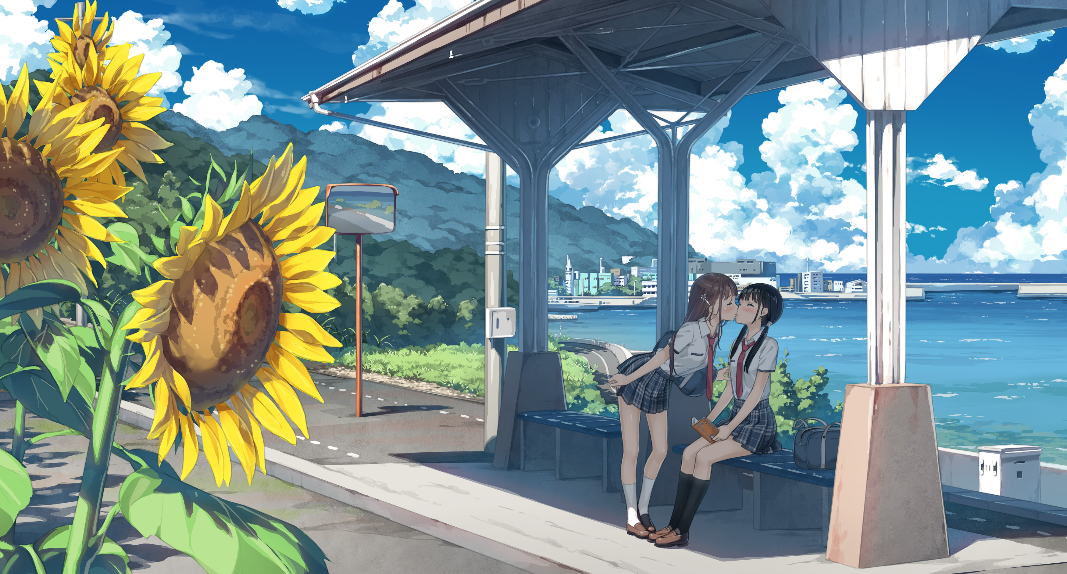 Anime 3500x1882 anime anime girls Kantoku artwork landscape sunflowers kissing yuri school uniform