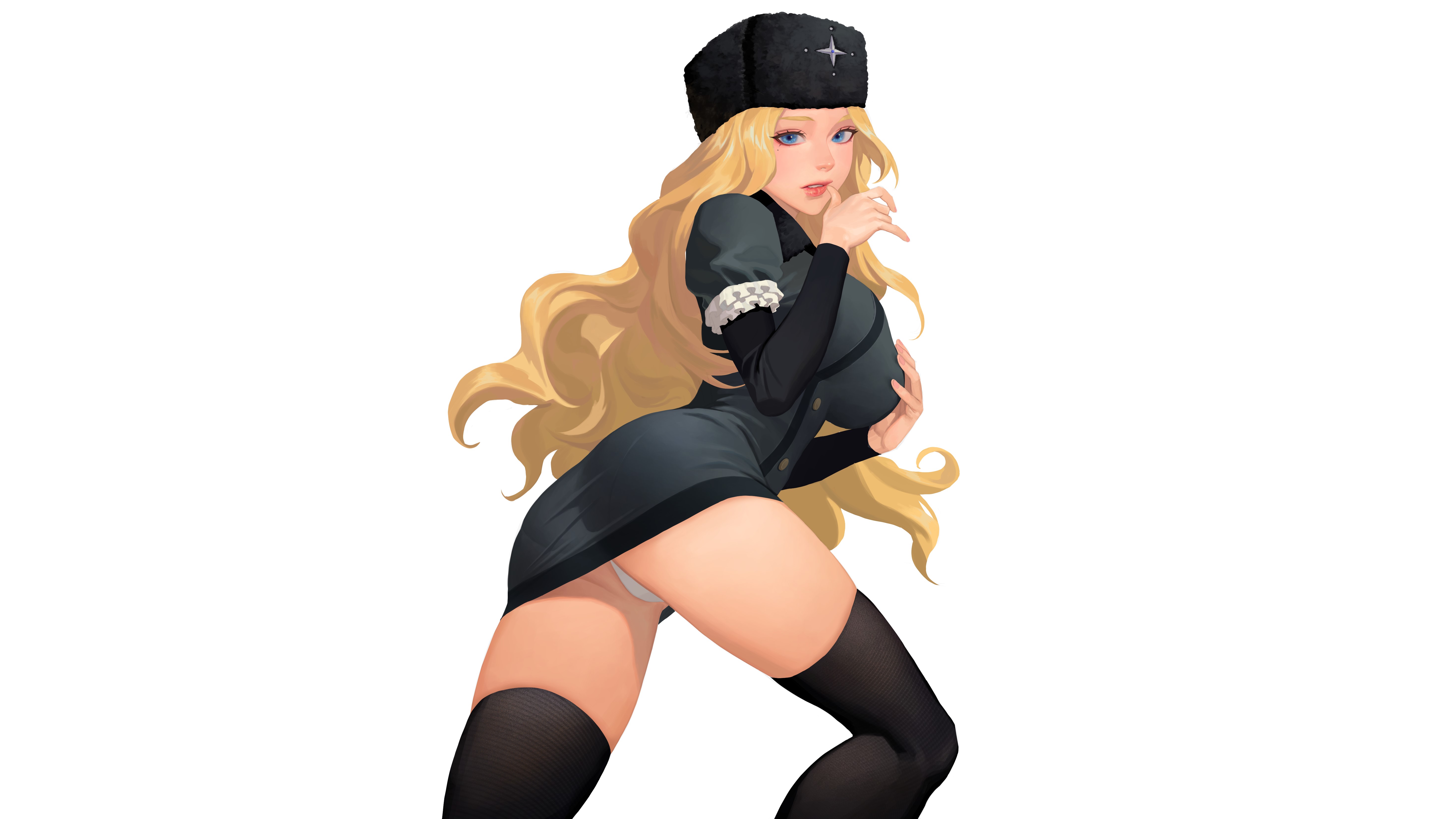 Anime 5873x3304 simple background looking at viewer hand on face looking back arched back running hat blonde long hair blue eyes big boobs dress ass thighs upskirt panties thigh-highs ecchi anime girls Kolin (Street Fighter) Street Fighter