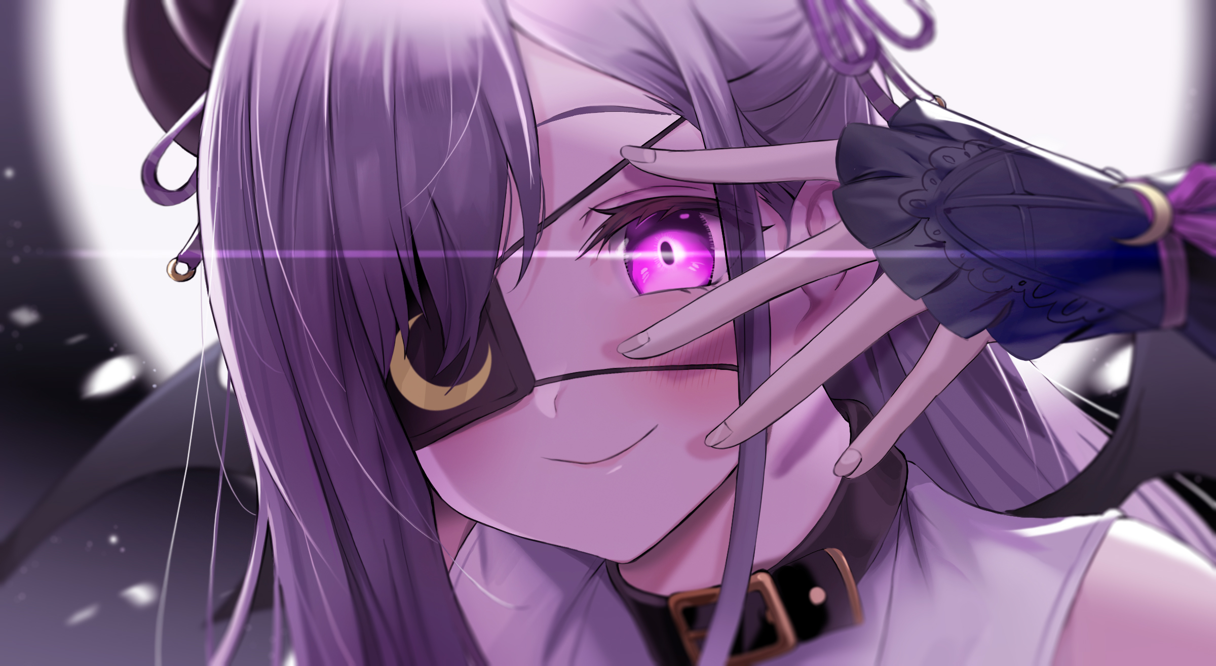 Anime 2400x1316 anime anime girls Asayuki101 artwork Virtual Youtuber purple hair purple eyes eyepatches smiling