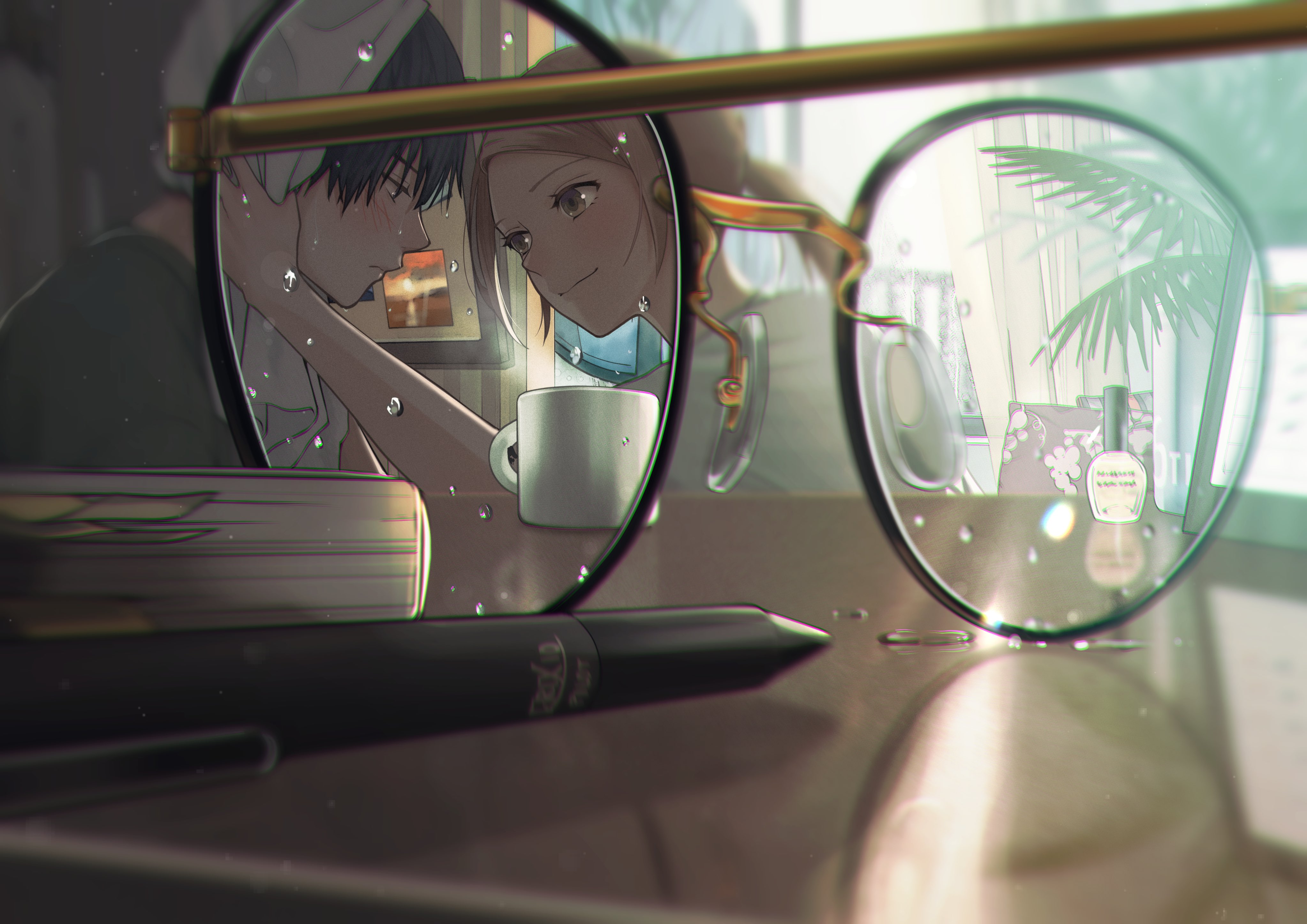 Anime 4093x2894 anime anime girls glasses anime couple anime boys MacaronK couple closed mouth smiling reflection indoors women indoors men indoors leaves cup towel wet water drops sunlight pens books desk nail polish