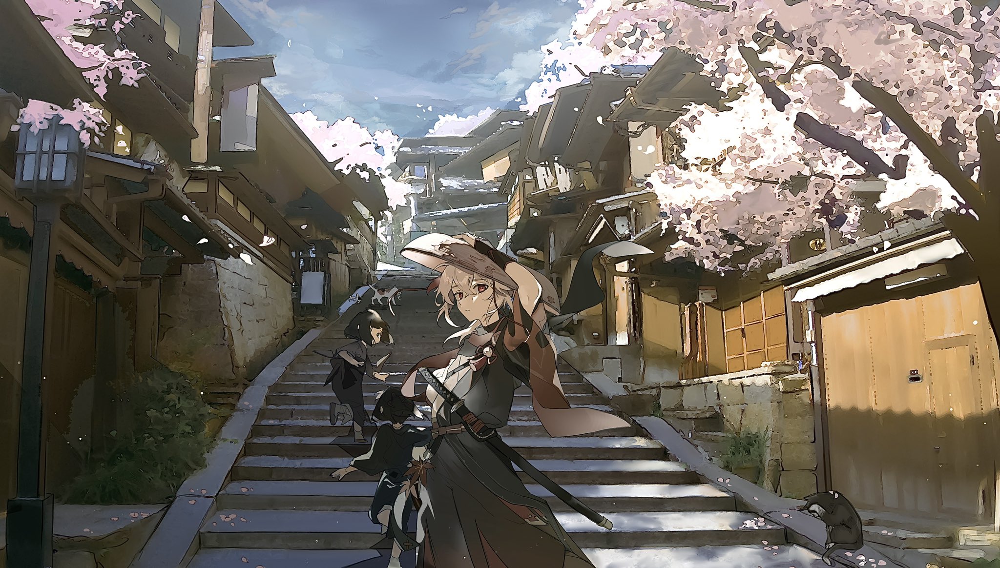 Anime 2048x1164 digital art anime artwork stairs cherry blossom Kaedehara Kazuha(Genshin Impact) Genshin Impact
