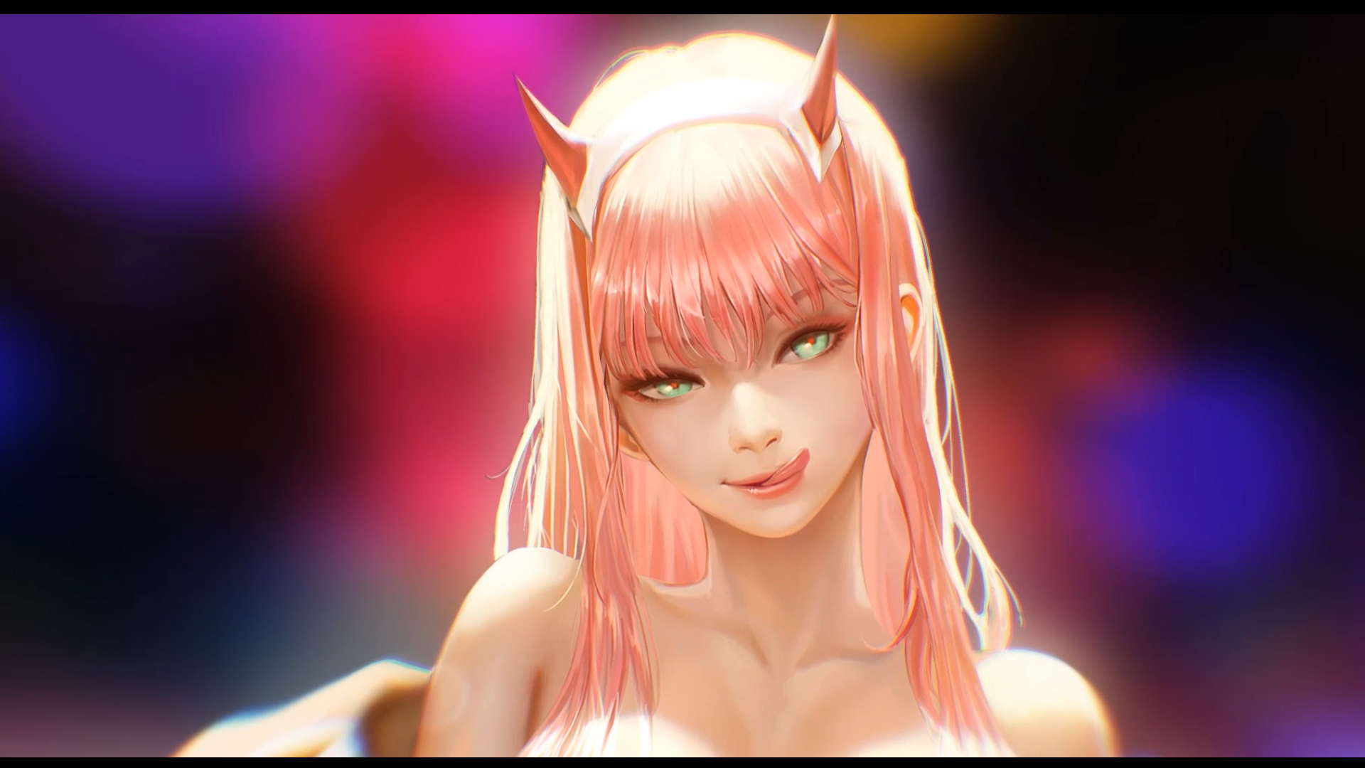 Anime 1920x1080 anime girls Zero Two (Darling in the FranXX) Darling in the FranXX tongue out horns pink hair topless green eyes licking lips