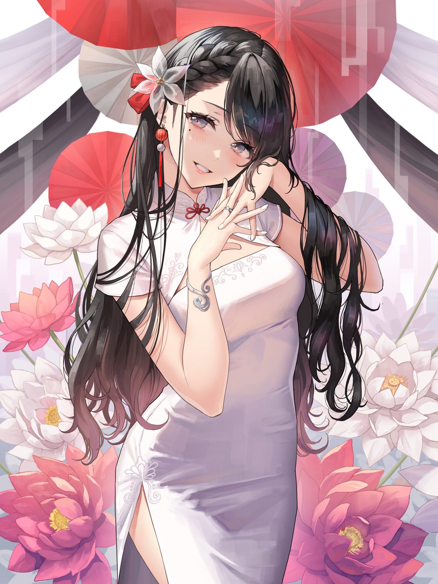 Anime 1500x2000 anime anime girls Chinese dress black hair smiling flowers artwork Mai Okuma