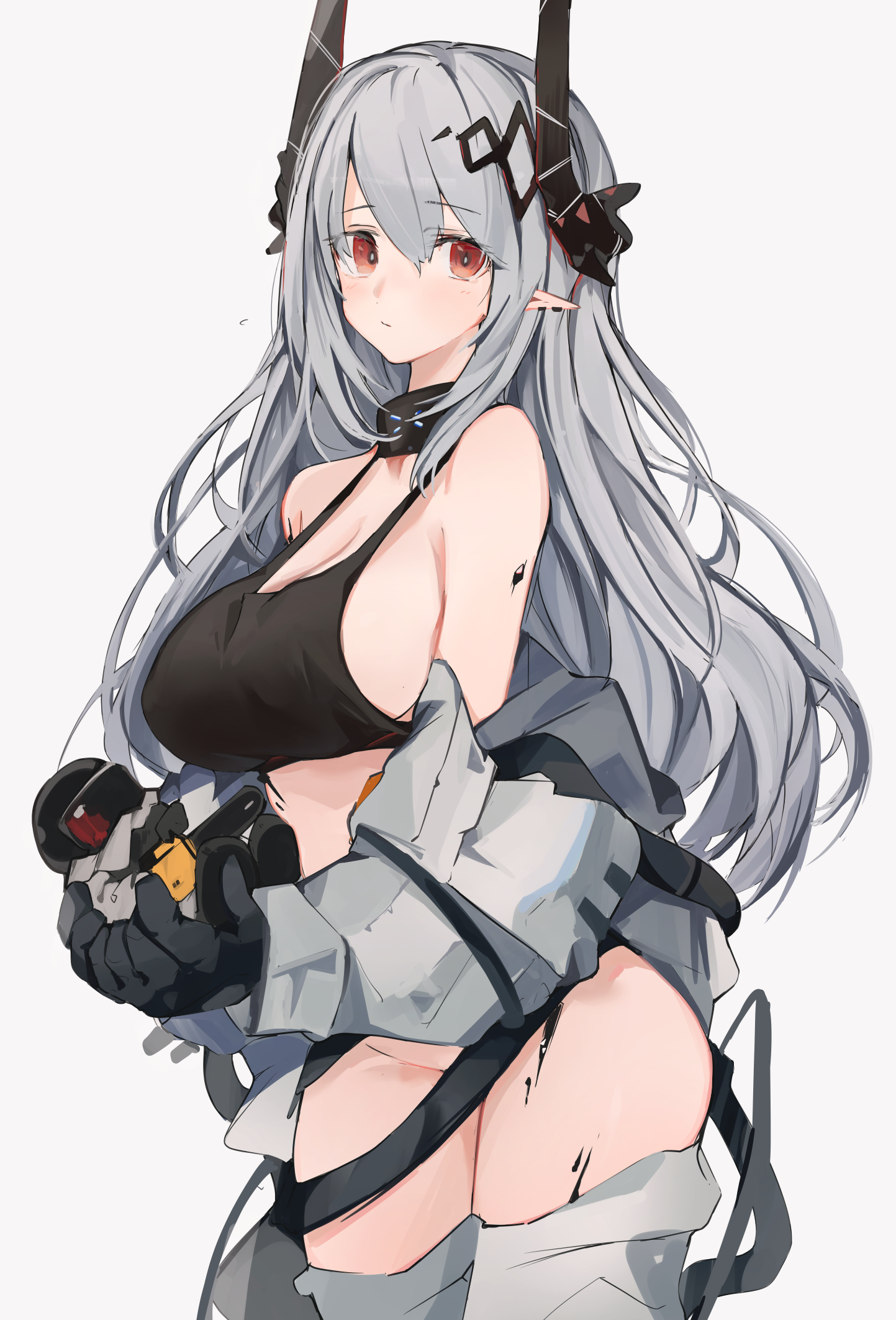 Anime 1443x2124 Arknights anime boobs big boobs standing curvy long hair red eyes looking at viewer white background simple background anime girls silver hair Mudrock (Arknights) artwork Mikojin nopan