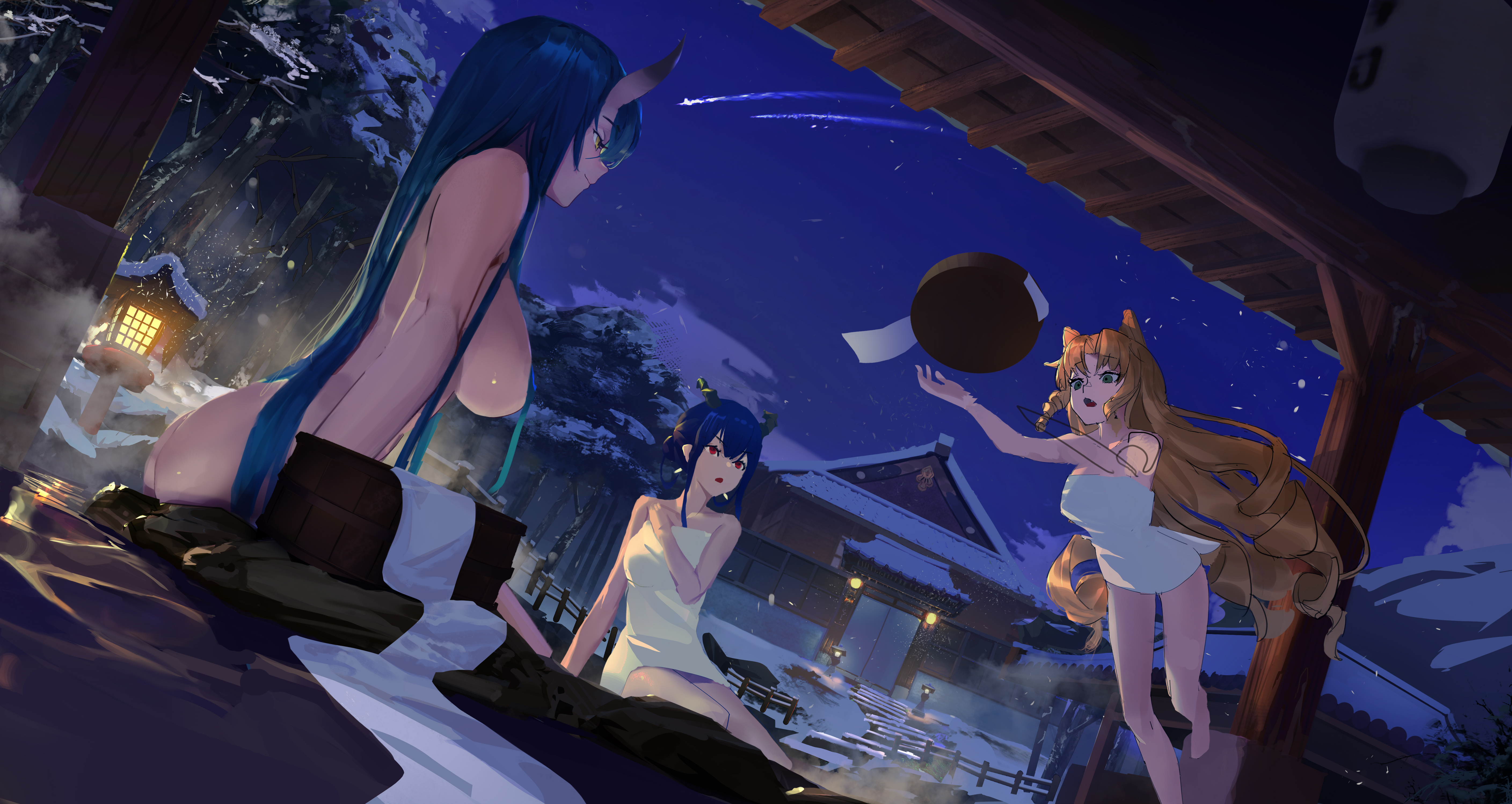 Anime 5633x2995 anime anime girls nude towel demon girls big boobs horns snow boobs hot spring night blonde jumping blue hair red eyes winter Arknights Chen (Arknights) Hoshiguma (Arknights) Swire (Arknights) Isaac Yeh