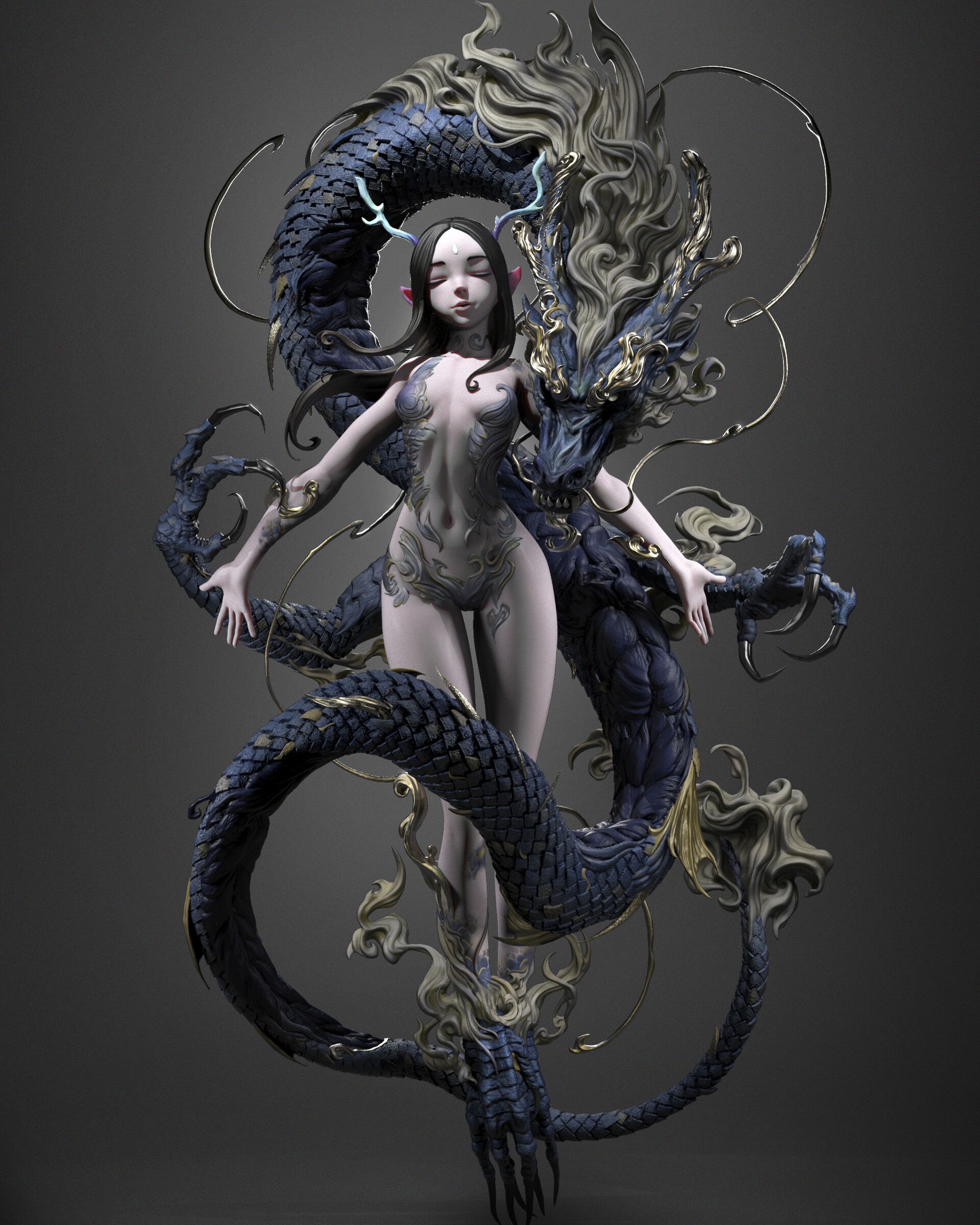 General 1920x2399 Daniel Moudatsos artwork women fantasy art closed eyes dragon creature gray background