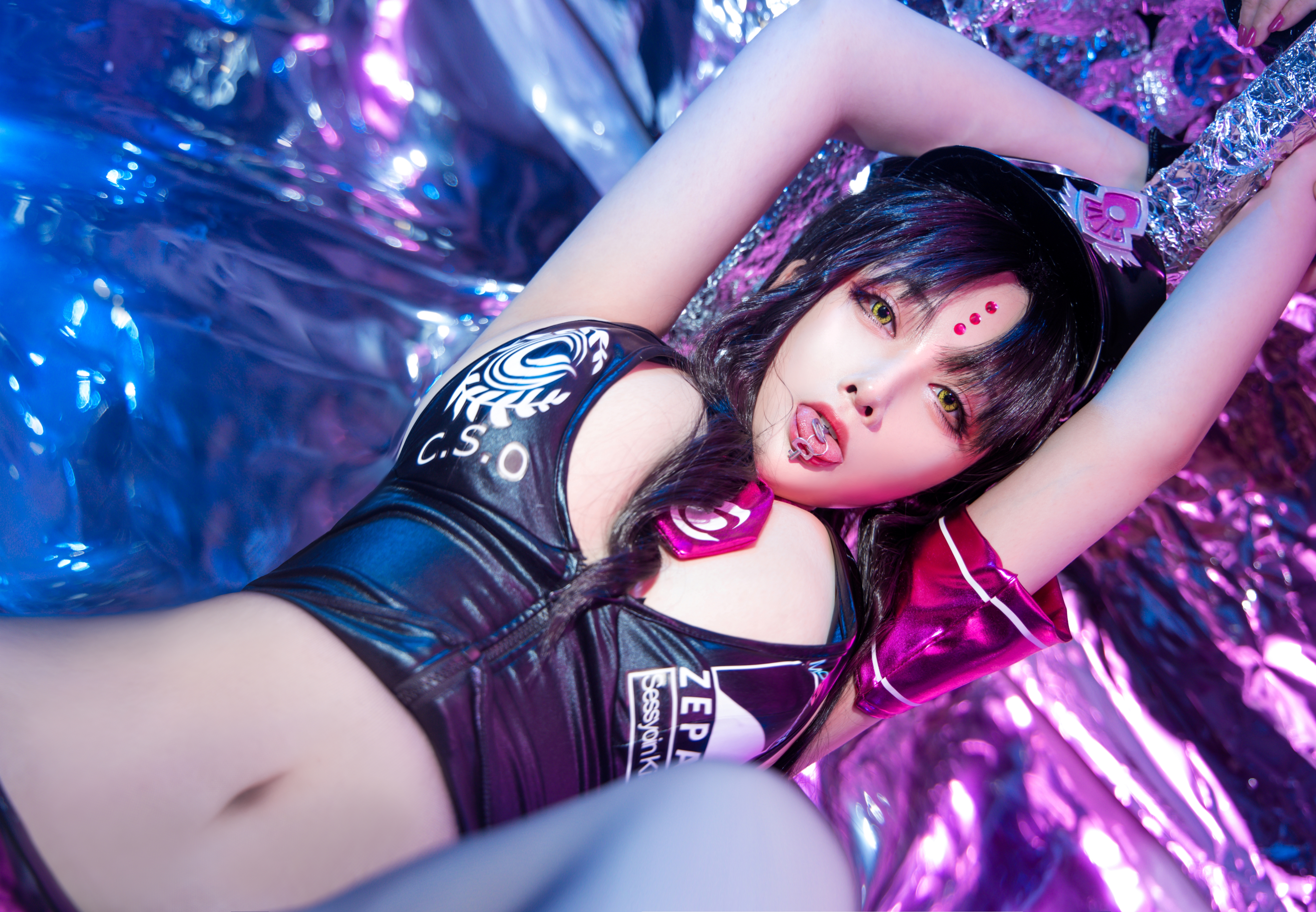 People 6464x4480 women model cosplay Kiara Sesshouin Fate series Fate/Grand Order police women underwear looking at viewer handcuffed bra zipper cleavage belly tongue out keys armlet tie studio indoors women indoors Asian NiannianD