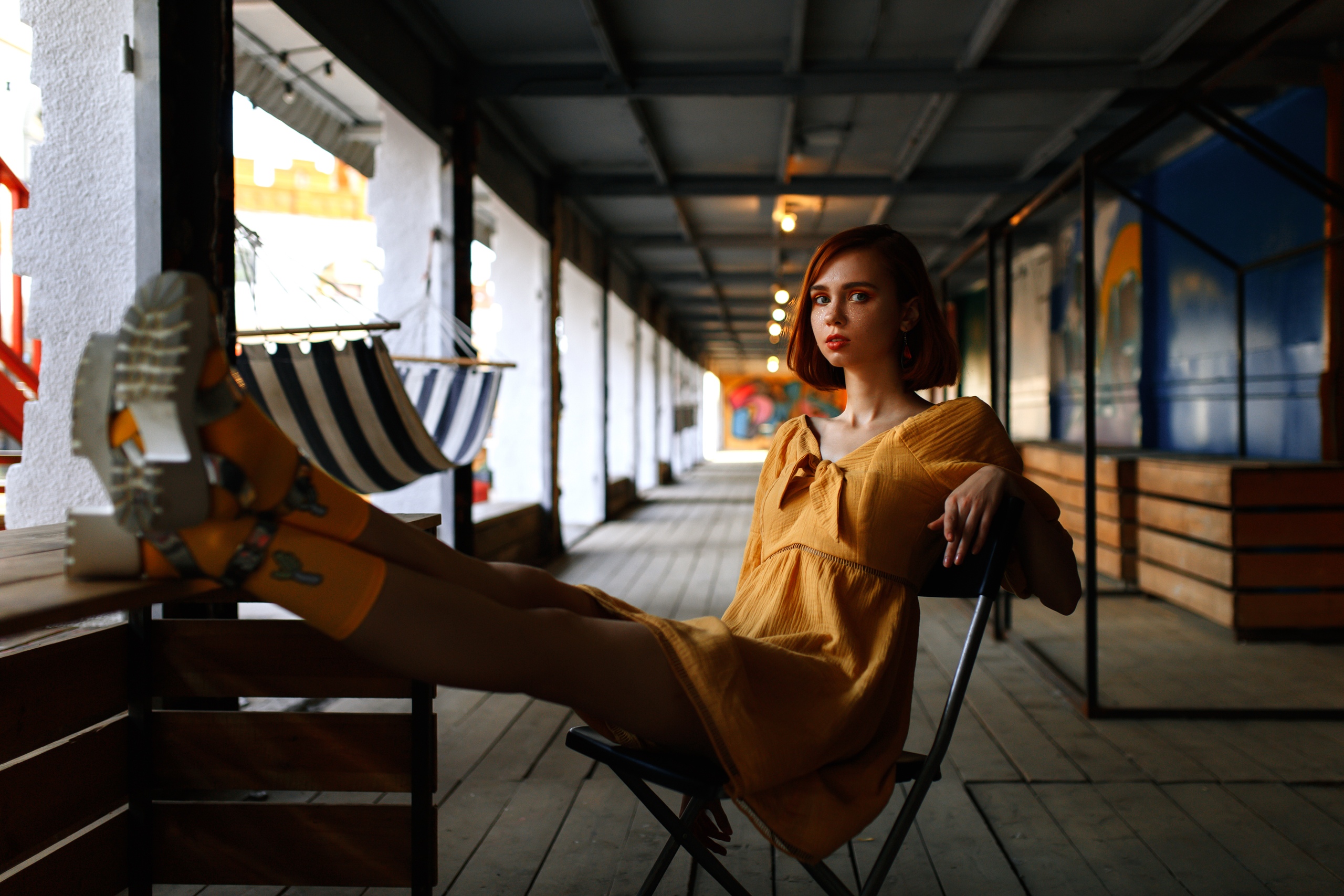 People 2560x1707 Valeria Ranevskaya Mikhail Shvetsov boots legs legs up redhead dress sitting looking at viewer women model yellow dress