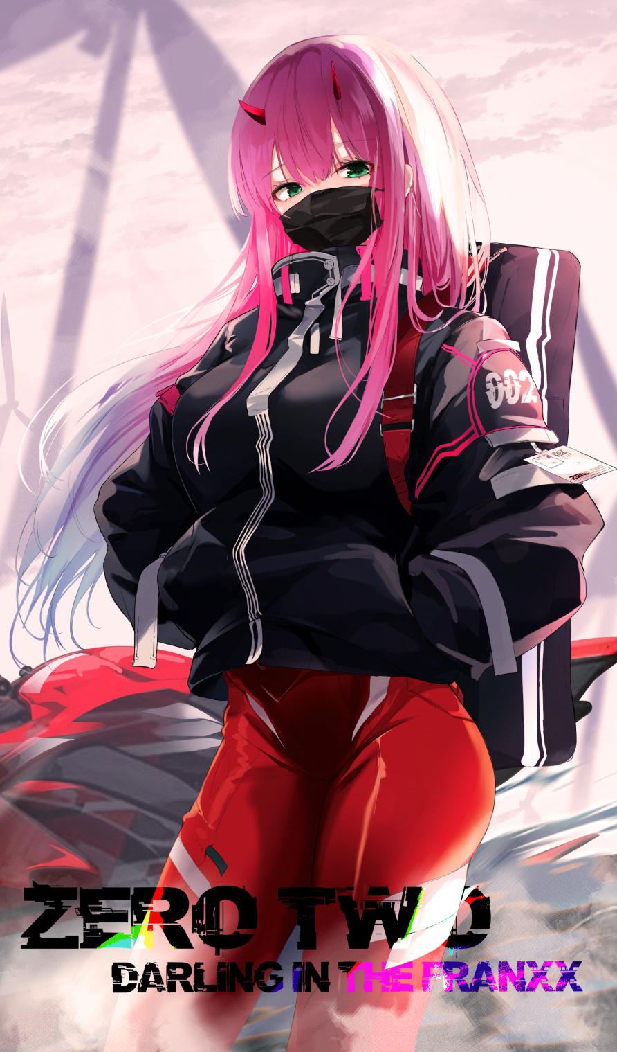 Anime 892x1519 anime anime girls digital art artwork 2D portrait display pink hair green eyes looking at viewer mask face mask horns jacket bodysuit Kooemong Darling in the FranXX Zero Two (Darling in the FranXX)