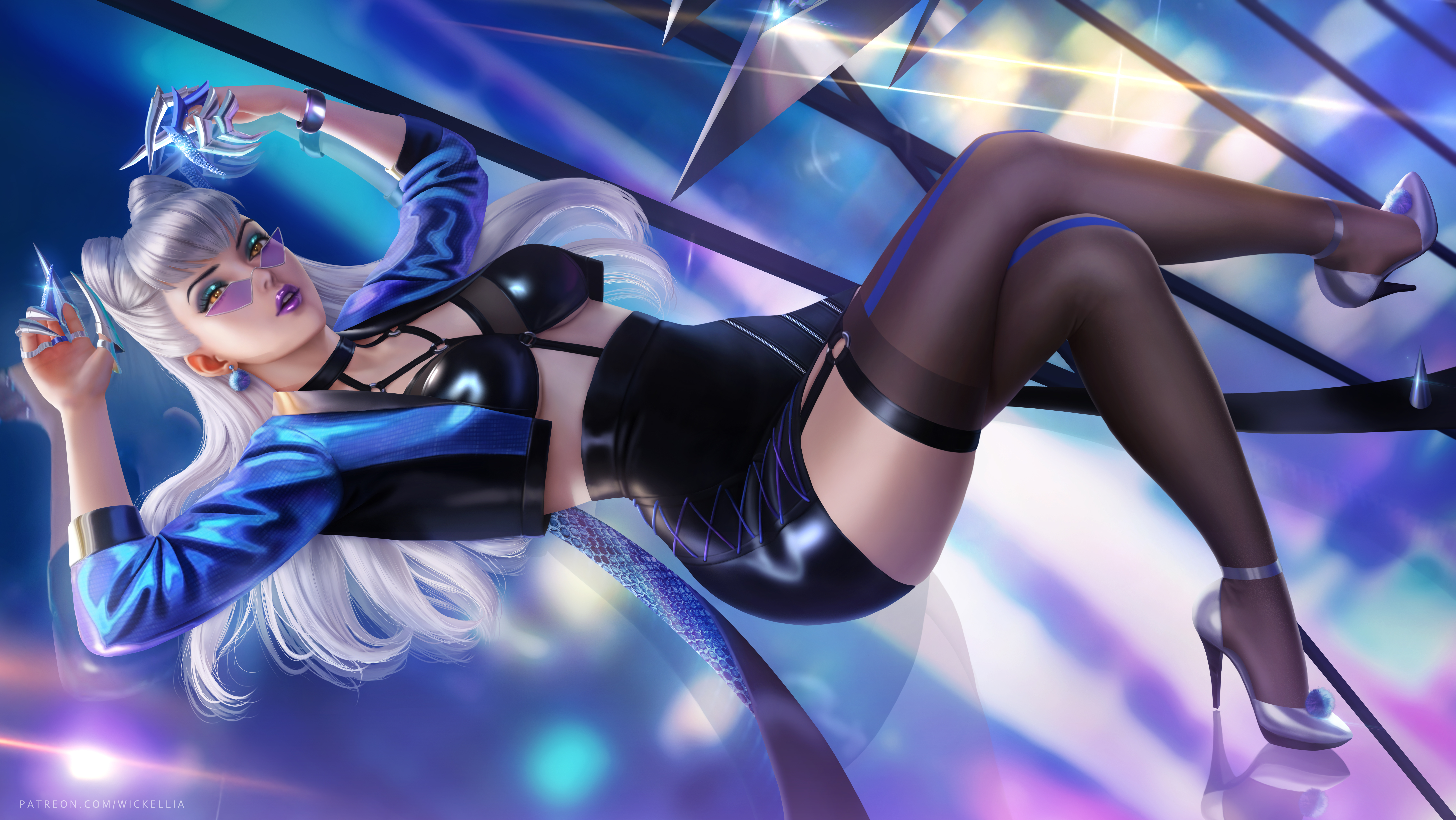 General 7100x4000 illustration artwork digital art fan art drawing fantasy girl fantasy art Wickellia video games video game girls video game art video game characters women League of Legends Evelynn (League of Legends) looking at viewer long hair purple hair colorful thigh-highs skirt