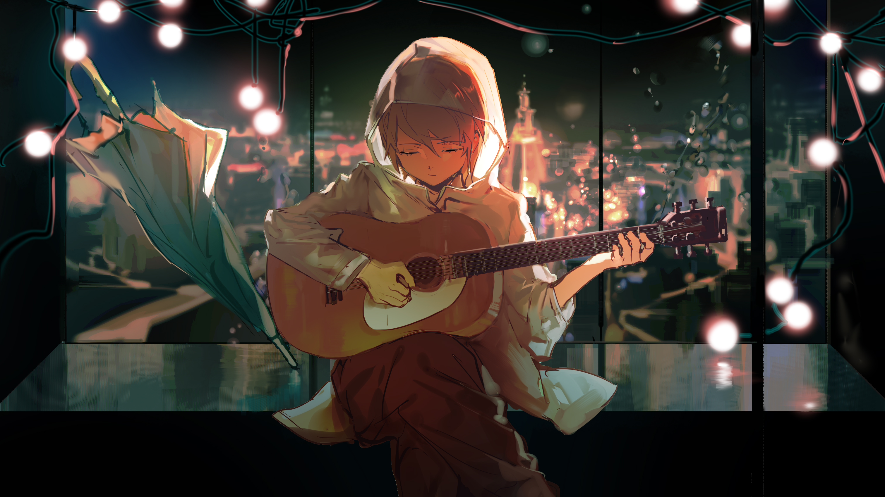 Anime 3024x1700 musical instrument guitar anime boys anime Kagamine Len Vocaloid closed eyes Lobelia