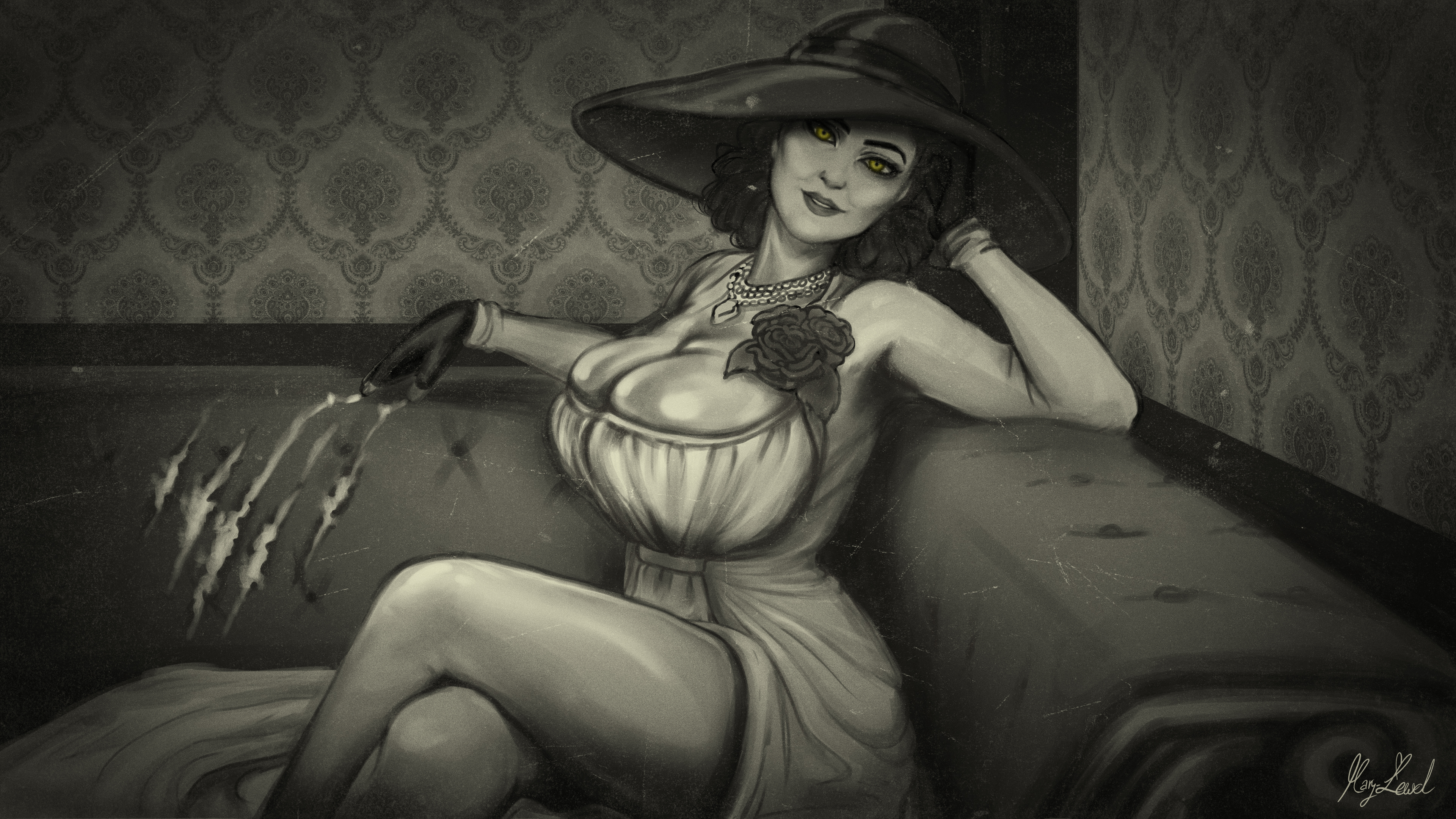 General 3840x2160 Lady Dimitrescu video game art video game girls illustration artwork fan art thick thigh big boobs huge breasts looking at viewer cleavage curvy dress mature women vintage gloves hat Resident Evil Resident Evil 8: Village lewd Mary Lewd boobs video game characters legs crossed thighs Video Game Horror women with hats necklace selective coloring yellow eyes