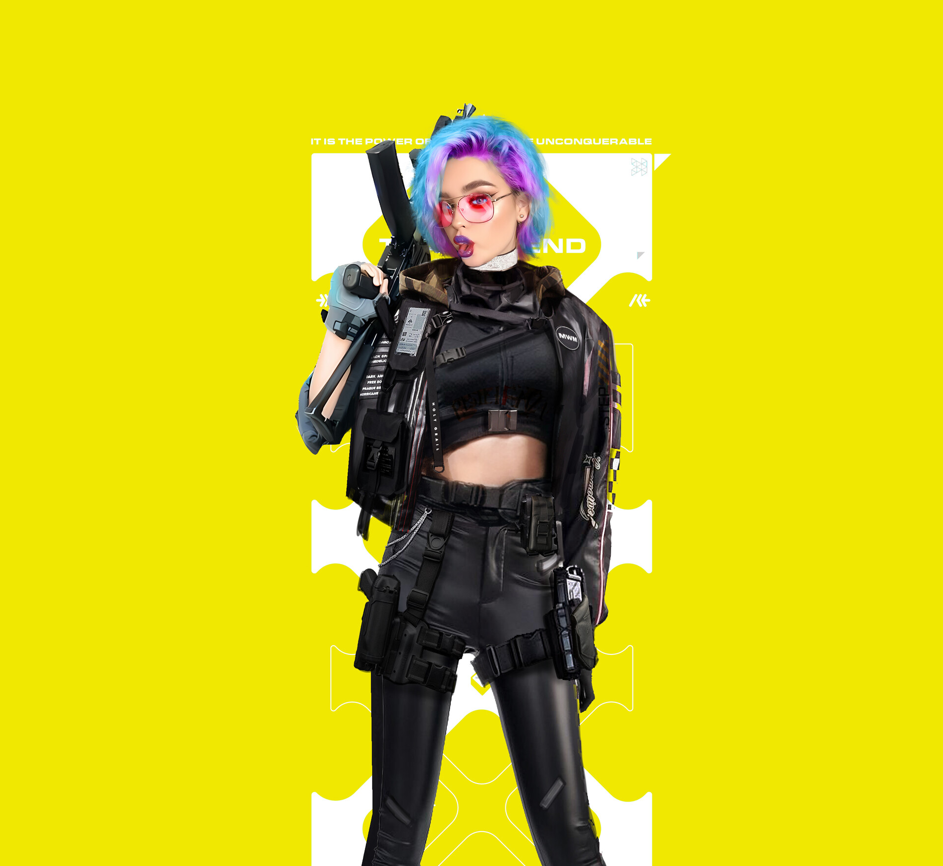 General 1920x1764 digital art illustration artwork weapon girls with guns character design  women women with glasses black clothing simple background yellow background short hair pink hair