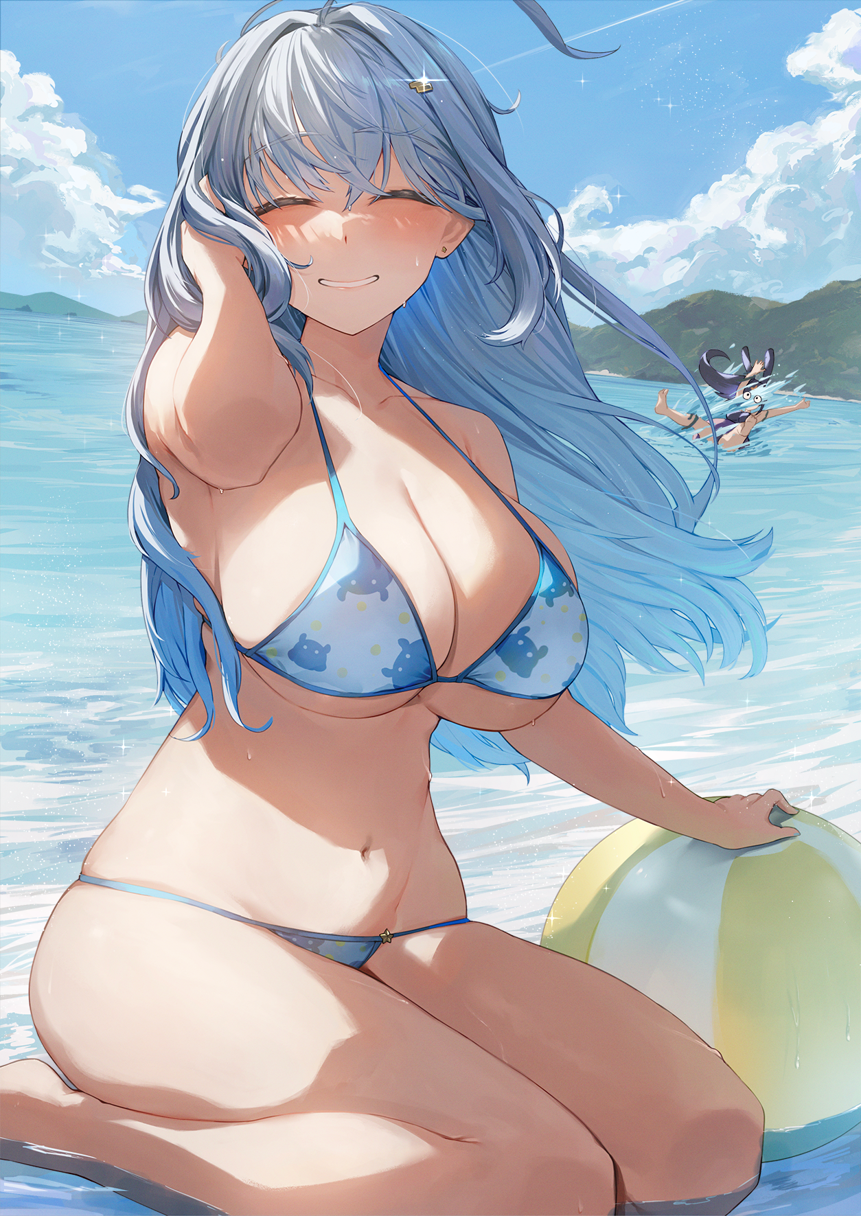 Anime 1254x1771 Neshia anime girls blue hair bikini sky clouds sitting big boobs closed eyes beach ball water huge breasts