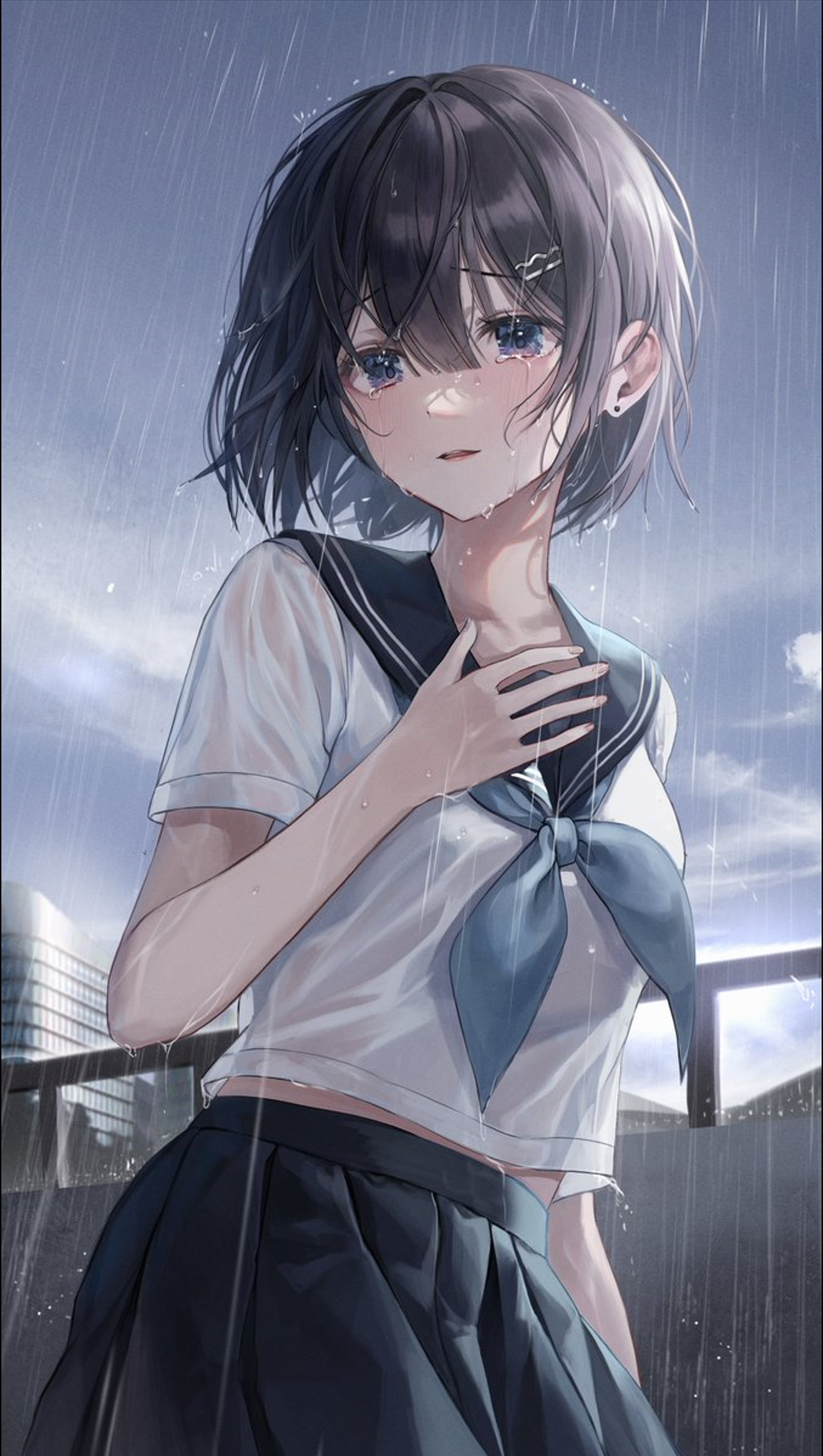 Anime 1319x2333 Myowa anime girls blue eyes rain school uniform schoolgirl wet clothing