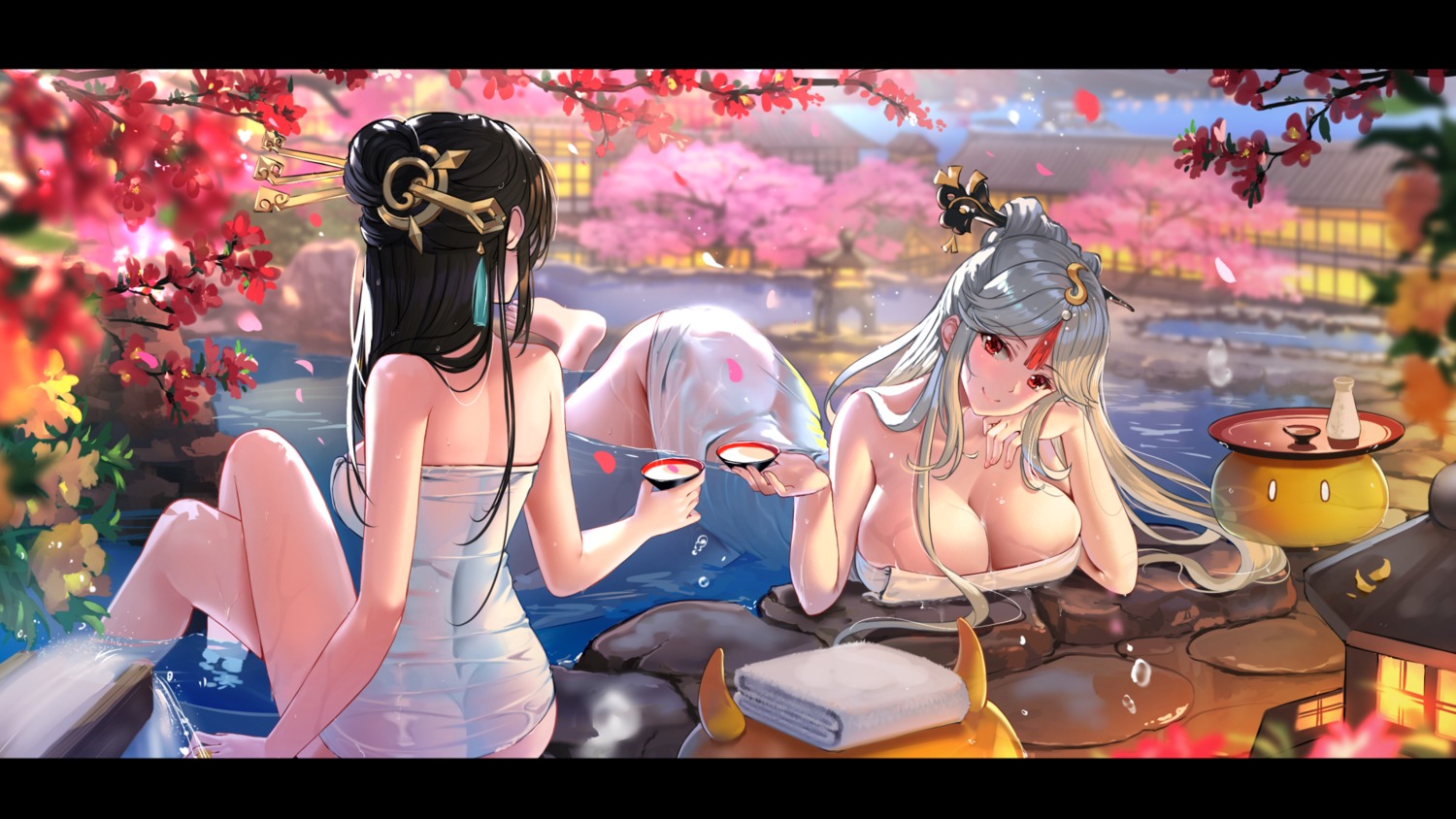 Anime 1500x844 anime anime girls big boobs Genshin Impact spring hot spring towel cherry blossom Beidou (Genshin Impact) Ningguang (Genshin Impact) Swordsouls