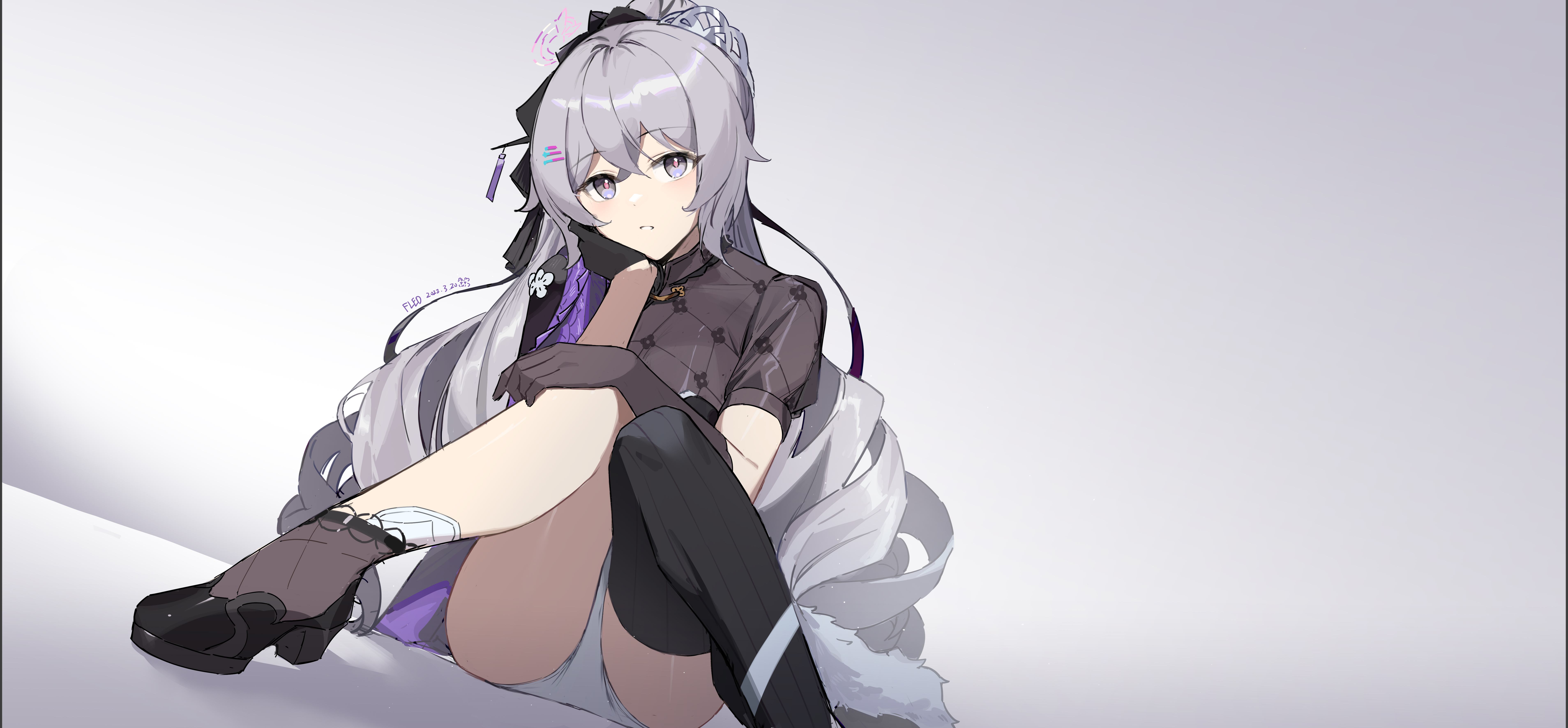 Anime 7632x3545 anime anime girls Honkai Impact 3rd frown heels Bronya Zaychik simple background gloves mismatched gloves sitting long hair hair between eyes gray eyes looking at viewer gray hair minimalism bent legs closed mouth dress short sleeves hand on face head tilt