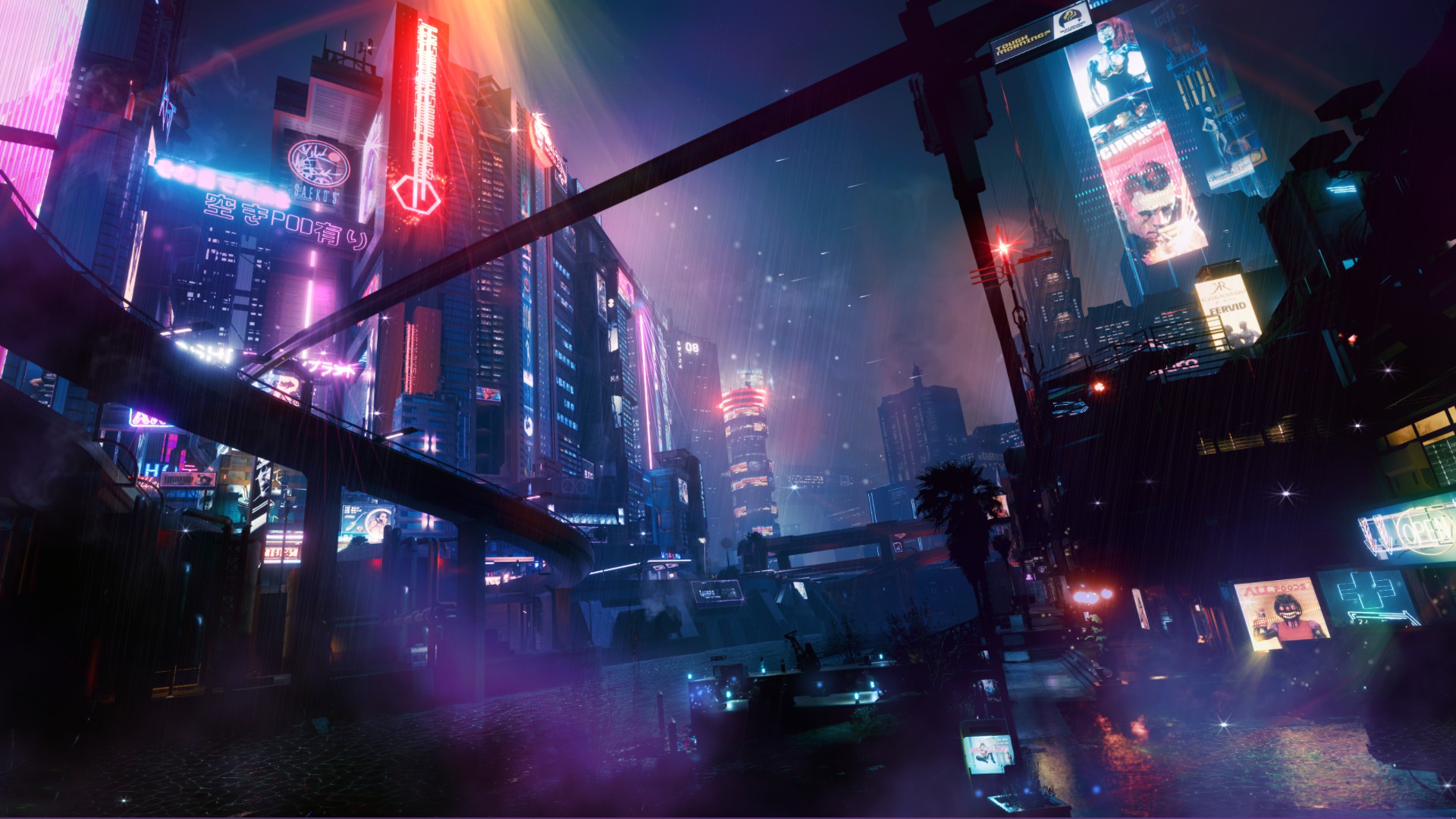 General 1920x1080 Cyberpunk 2077 futuristic city sky screen shot cyberpunk city PC gaming digital art purple blue CD Projekt RED neon