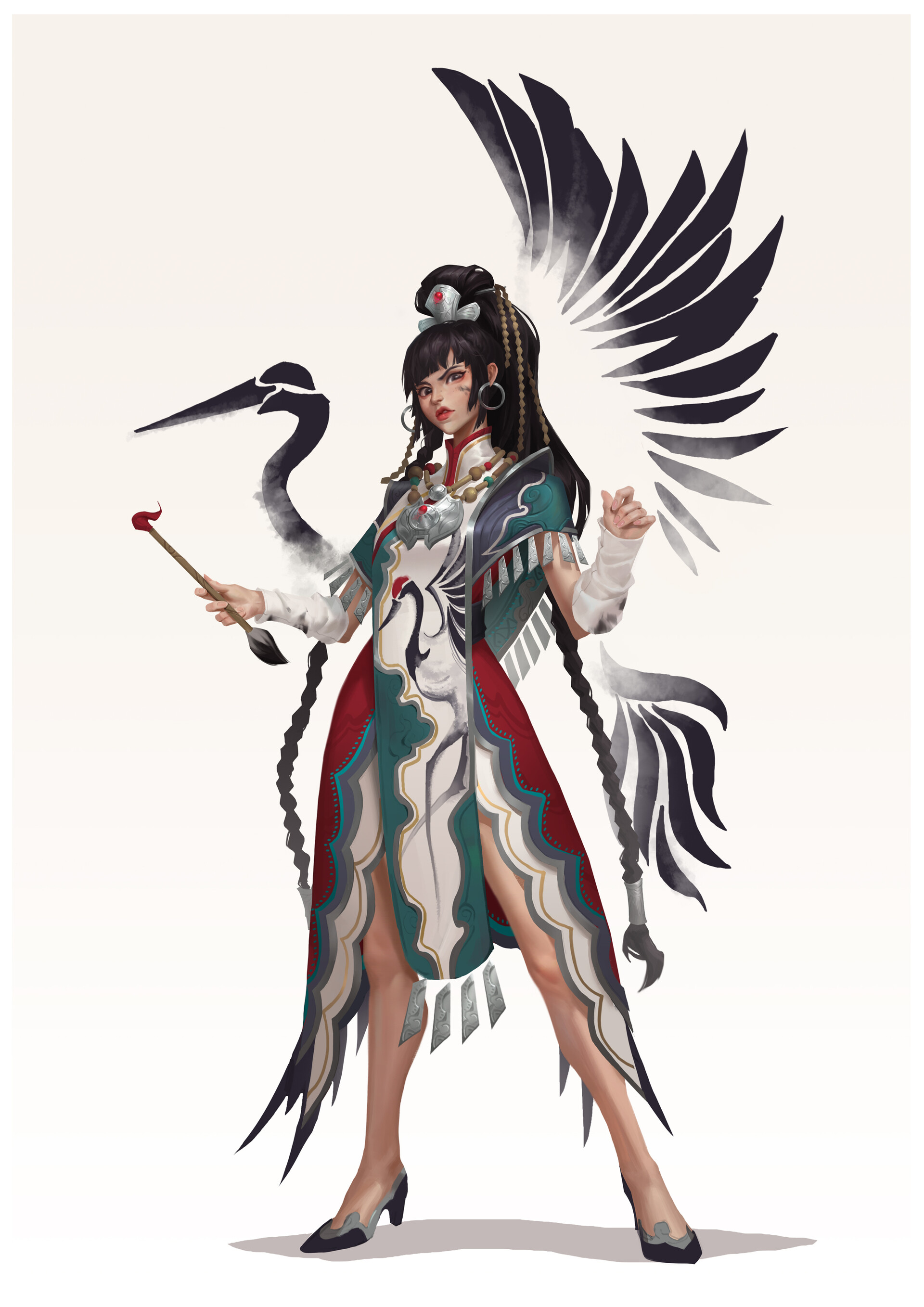 General 1920x2716 Qifeng Lin artwork women white background simple background fantasy art fantasy girl long hair heels legs wings dark hair dress