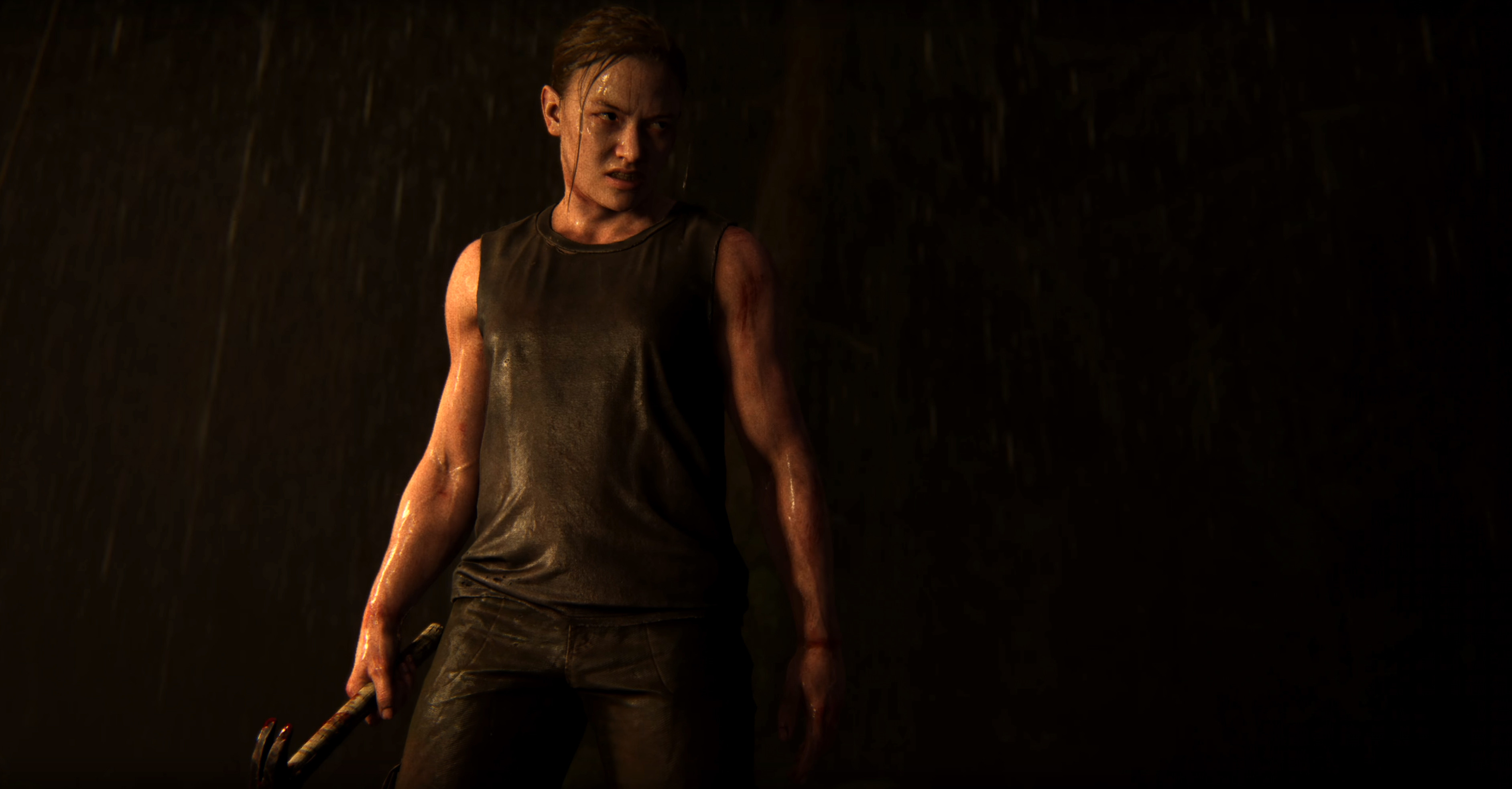 General 3768x1968 Abby wet rain hammer weapon armed The Last of Us 2 video game girls angry dark background muscles screen shot The Last of Us dark Abby (The Last of Us) ArtStation video games veins Frank Tzeng video game characters Naughty Dog